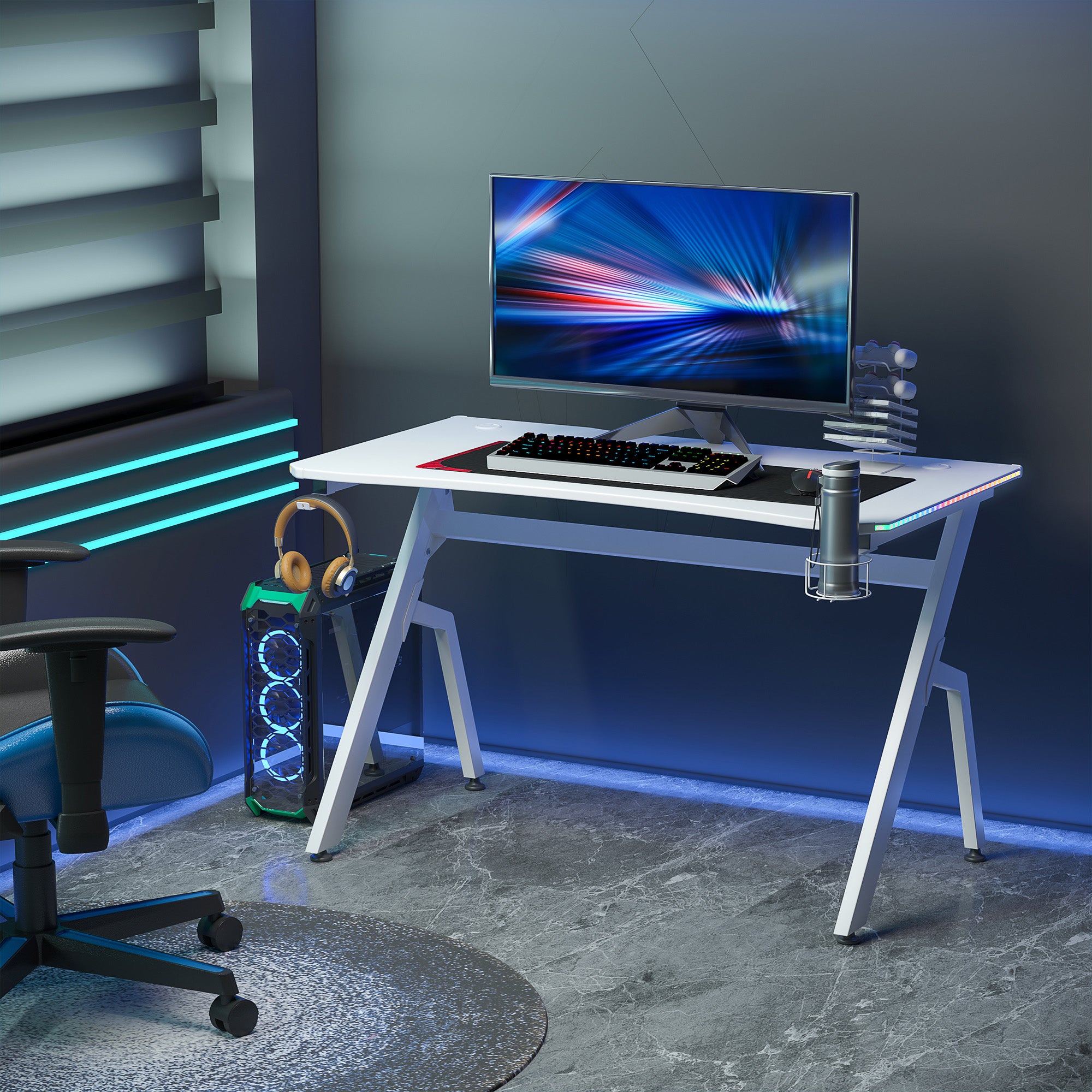 HOMCOM RGB 120 x 66cm Gaming Desk, Computer Table with Carbon Fibre Surface, Headphone Hook, Cup Holder, Controller Rack, Home Office Desk, White - North Peak Garden Furniture