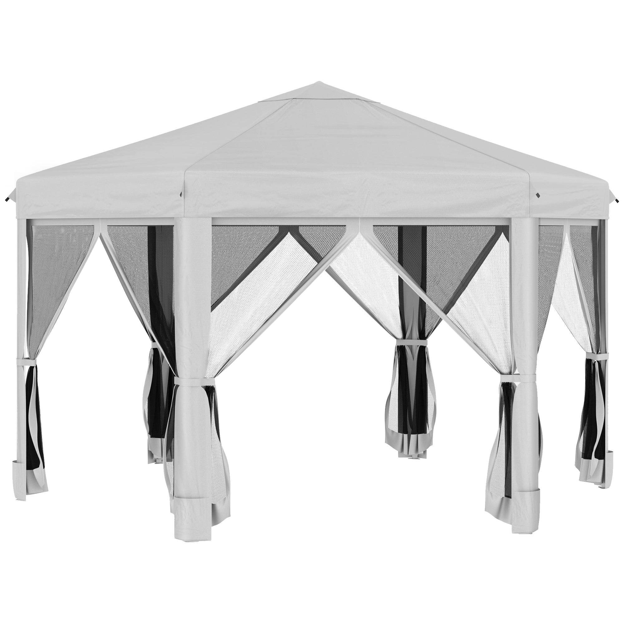 Outsunny 3.2m Pop Up Gazebo Hexagonal Canopy Tent Outdoor Sun Protection with Mesh Sidewalls, Handy Bag, Light Grey - North Peak Garden Furniture