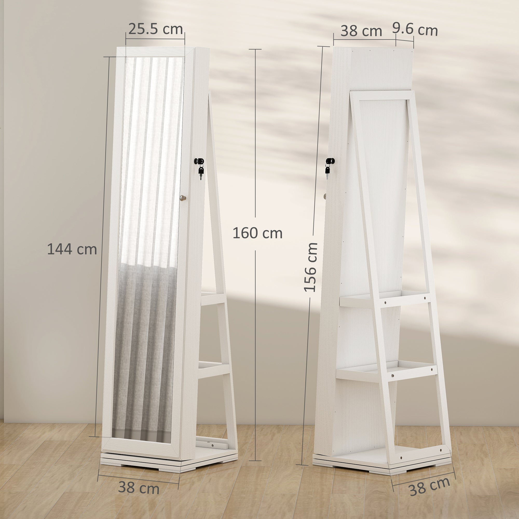 HOMCOM 360° Swivel Jewellery Cabinet, Mirror Armoire, Full Length Mirror, Lockable Jewellery Organizer with Built-In Small Mirror, White