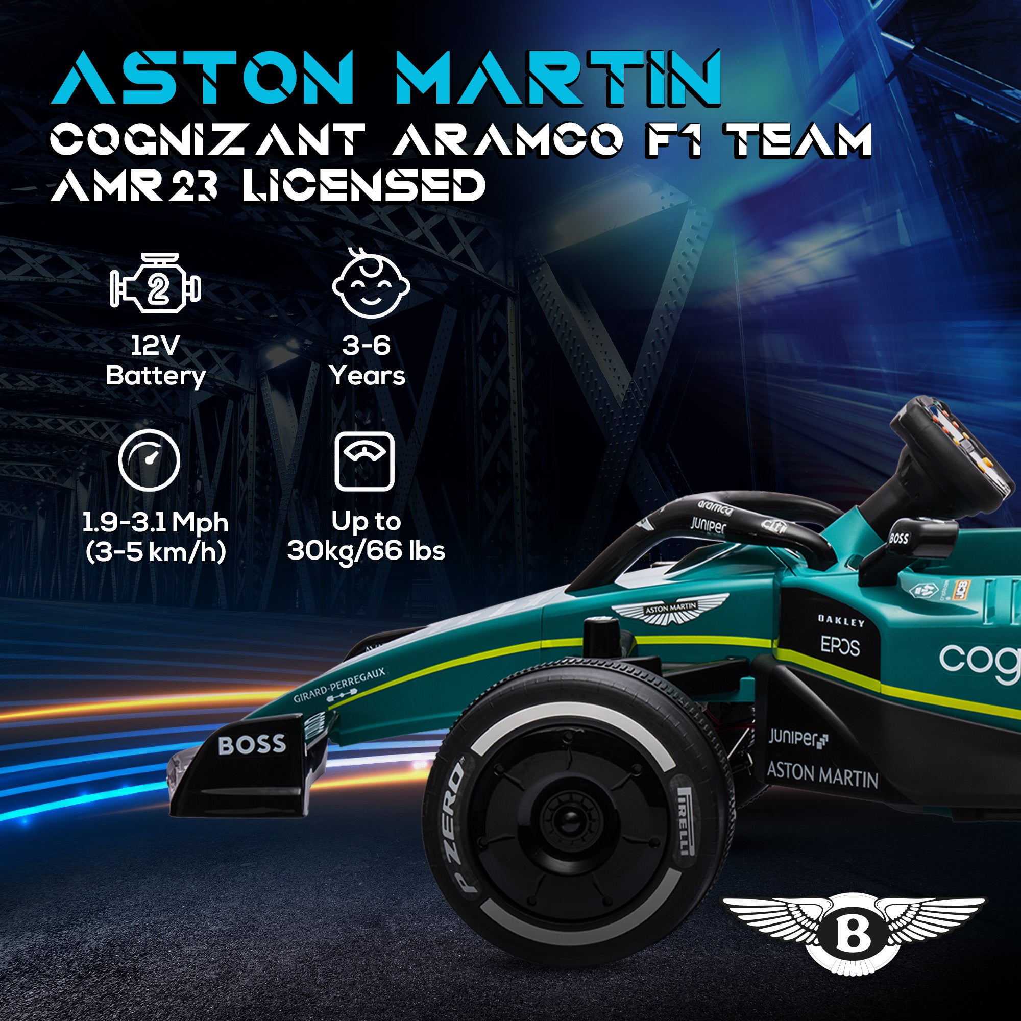AIYAPLAY Aston Martin Licensed 12V Kids Ride on Racing Kart w/ Bluetooth, 4 Suspension Wheels, Music Lights Horn, Green - North Peak Garden Furniture
