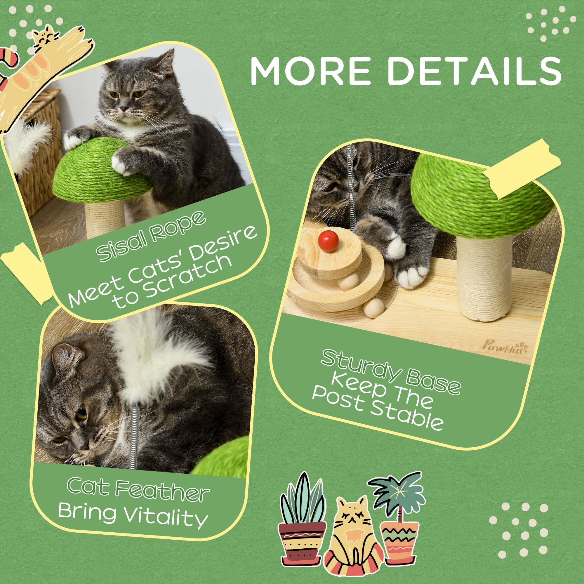 PawHut Mushroom-Shaped Cat Scratching Post, with Toy Balls, Feather for Indoor Cats, 35 x 21 x 26cm - Natural Tone - North Peak Garden Furniture