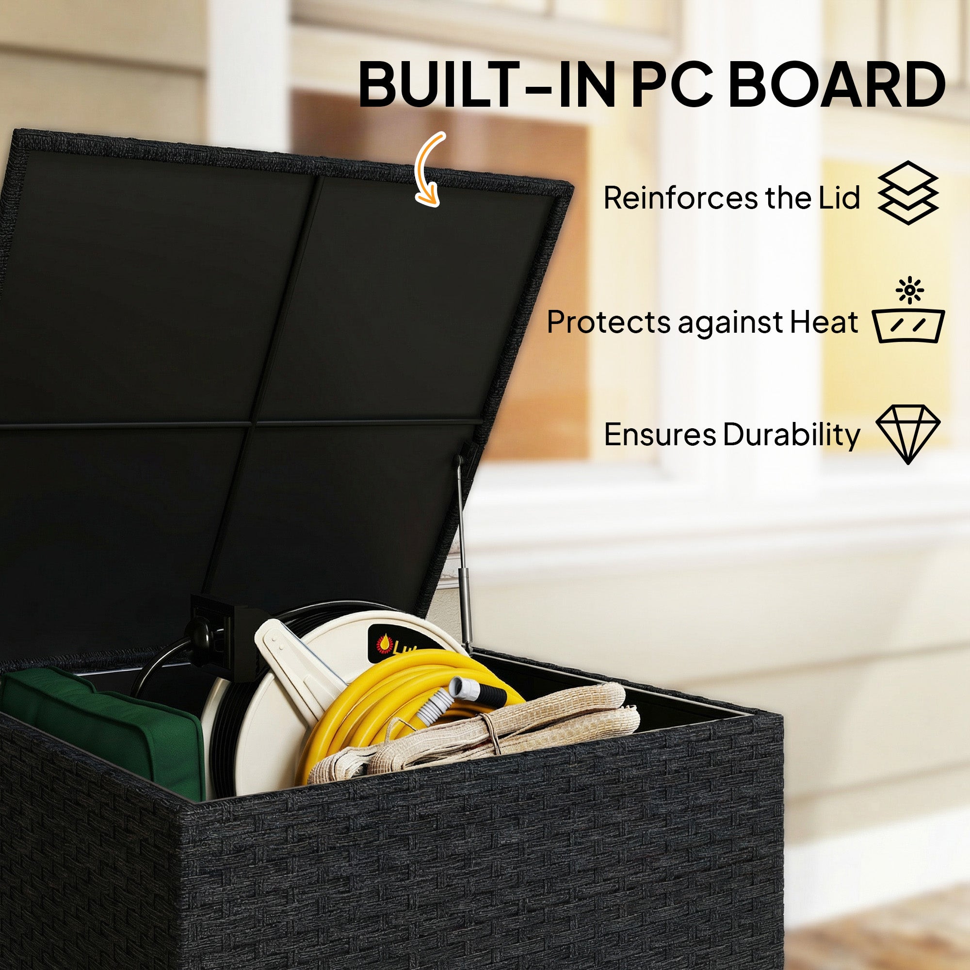 Outsunny 253L Garden Storage Box, Rattan Deck Box with Zipped Liner, Safe Pneumatic Rod, Patio Storage Container, Black