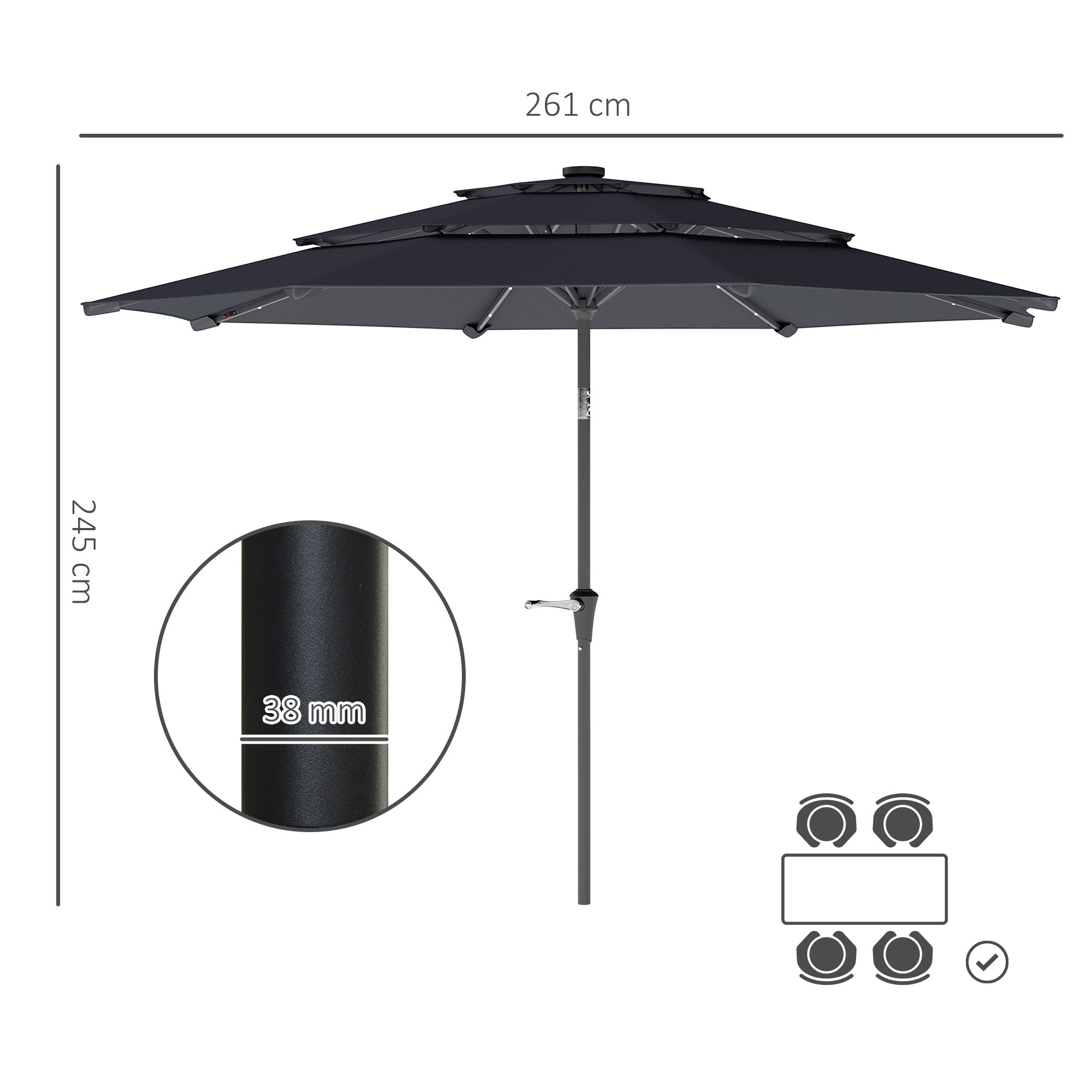 Outsunny 3-Tier Garden Parasol with Solar LED Lights, UPF 30+, Tilt Mechanism & Crank Handle, for Market Terrace, Dark Grey - North Peak Garden Furniture