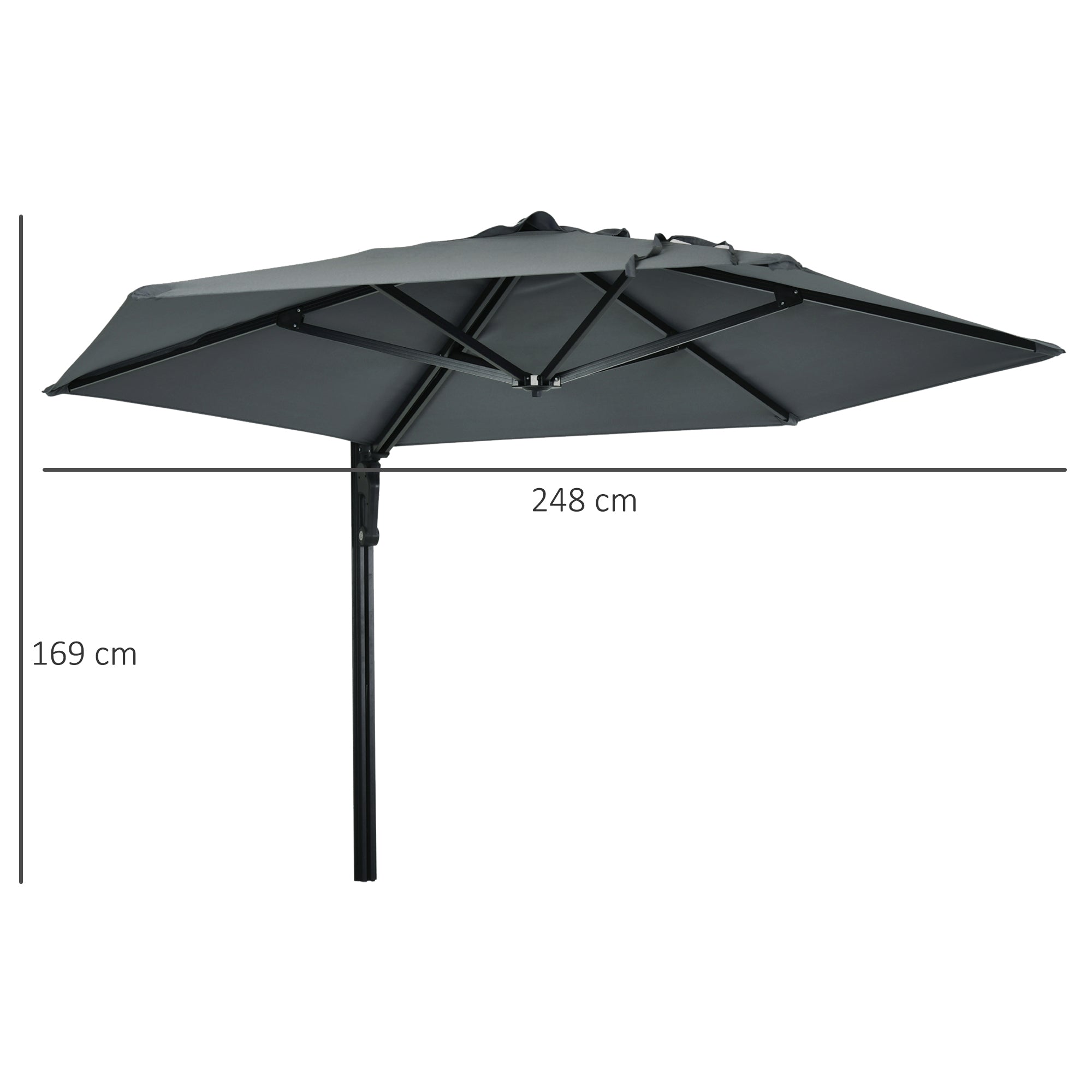 Outsunny 2.5m Wall Mounted Parasol, Hand to Push Outdoor Patio Umbrella with 180 Degree Rotatable Canopy for Porch, Deck, Garden, 250 cm, Dark Grey - North Peak Garden Furniture