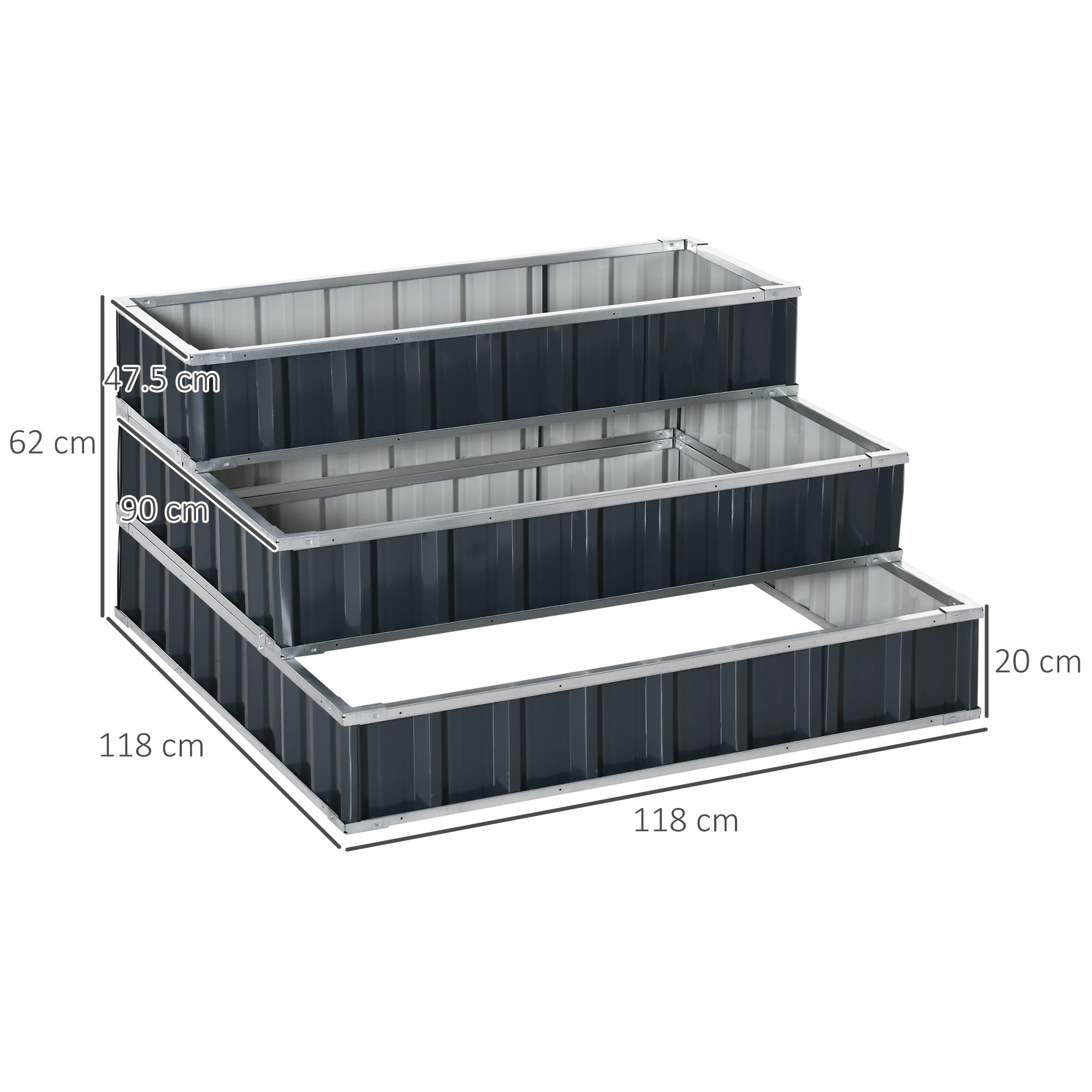 Outsunny 118cm x 118cm x 62cm 3 Tier Raised Garden Bed, Metal Elevated Planer Box Kit Flower Pot w/ A Pairs of Glove for Backyard, Patio to Grow Vegetables, Herbs, and Flowers, Grey