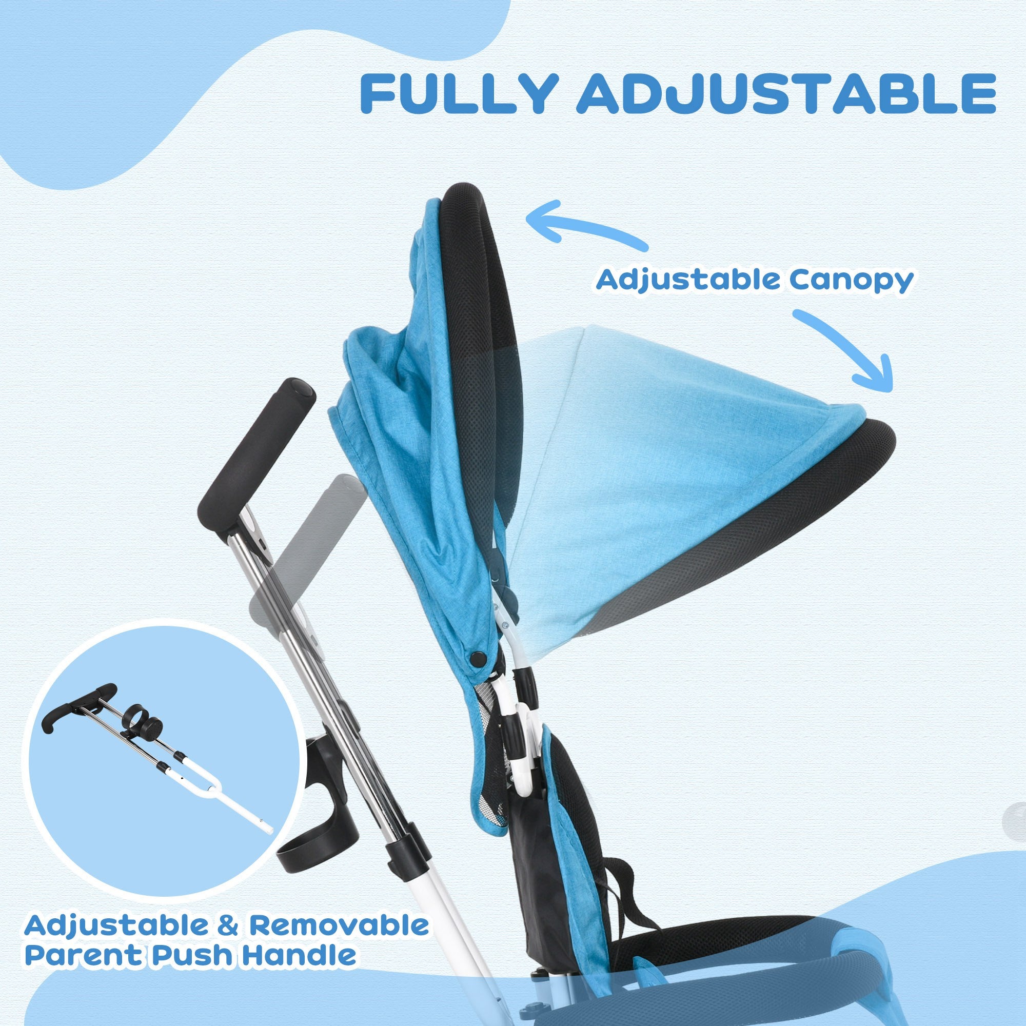 HOMCOM 6 in 1 Kids Trike Push Bike w/ Push Handle, Canopy, 5-point Safety Belt, Storage, Footrest, Brake, for 1-5 Years, Blue - North Peak Garden Furniture