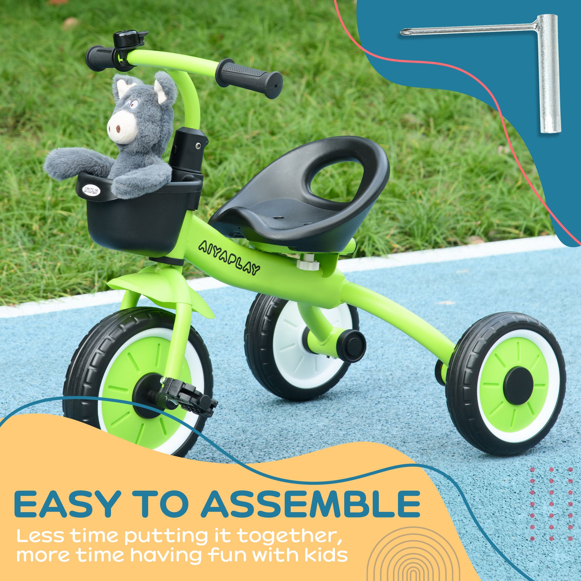 AIYAPLAY Kids Trike, Tricycle, with Adjustable Seat, Basket, Bell, for Ages 2-5 Years - Green - North Peak Garden Furniture