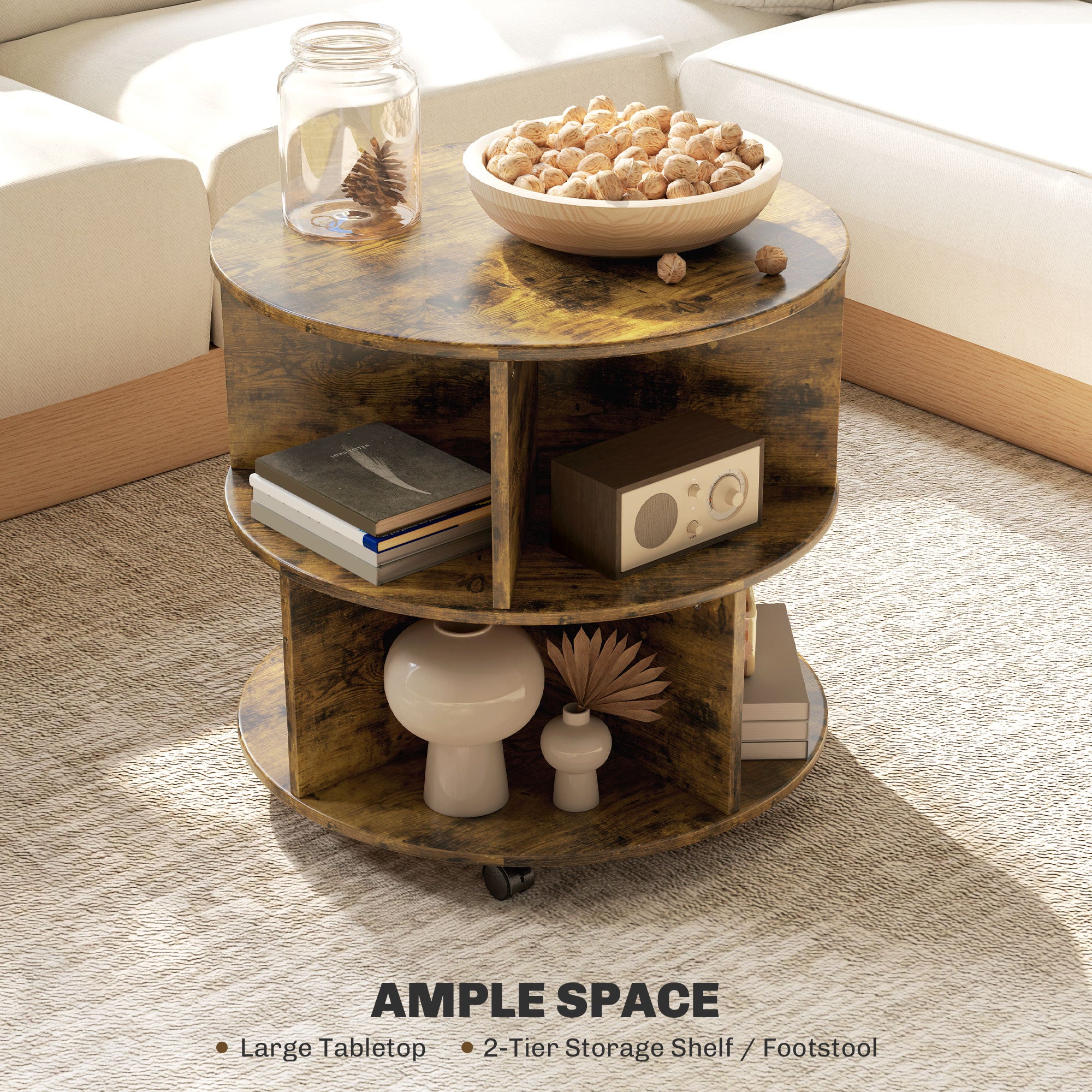 HOMCOM Round Coffee Table with Wheels, 3-Tier Rolling Side Table for Living Room with Divided Shelves, Rustic Brown - North Peak Garden Furniture