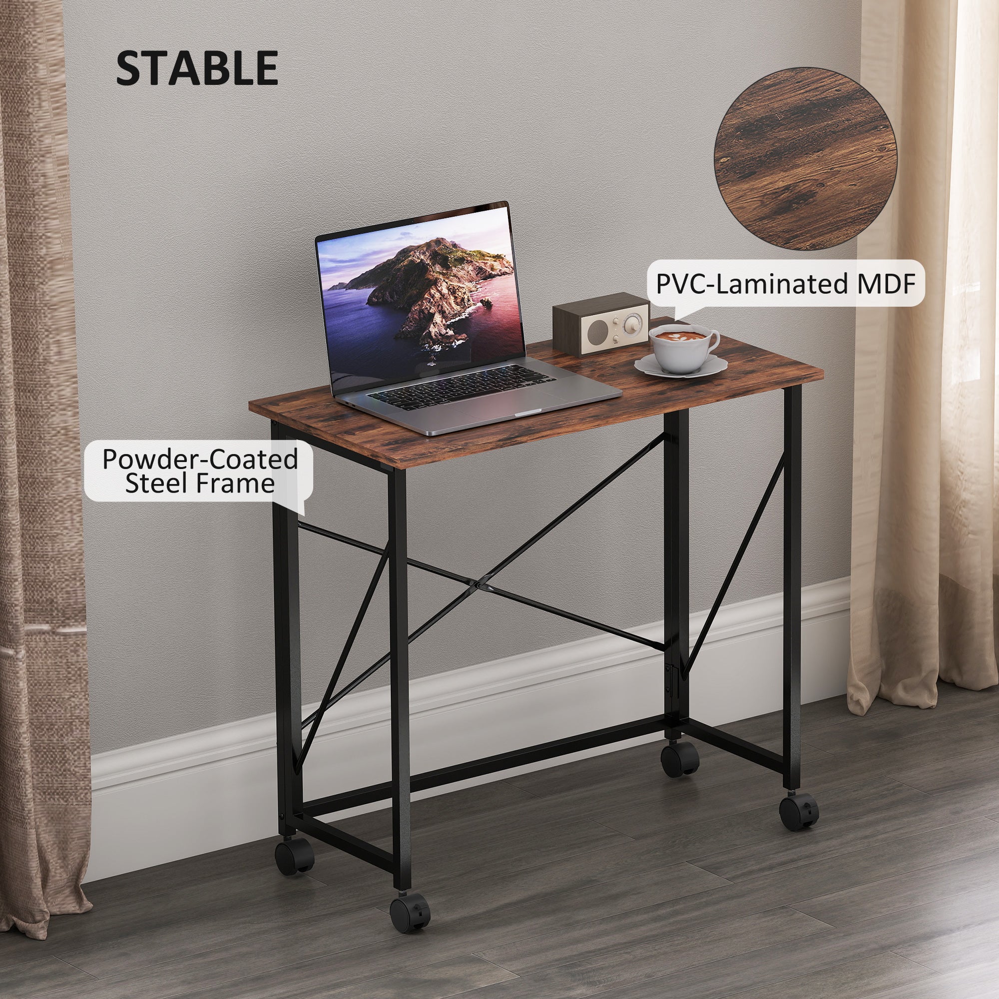 HOMCOM 80 cm Folding Desk on Wheels - Rustic Brown - North Peak Garden Furniture