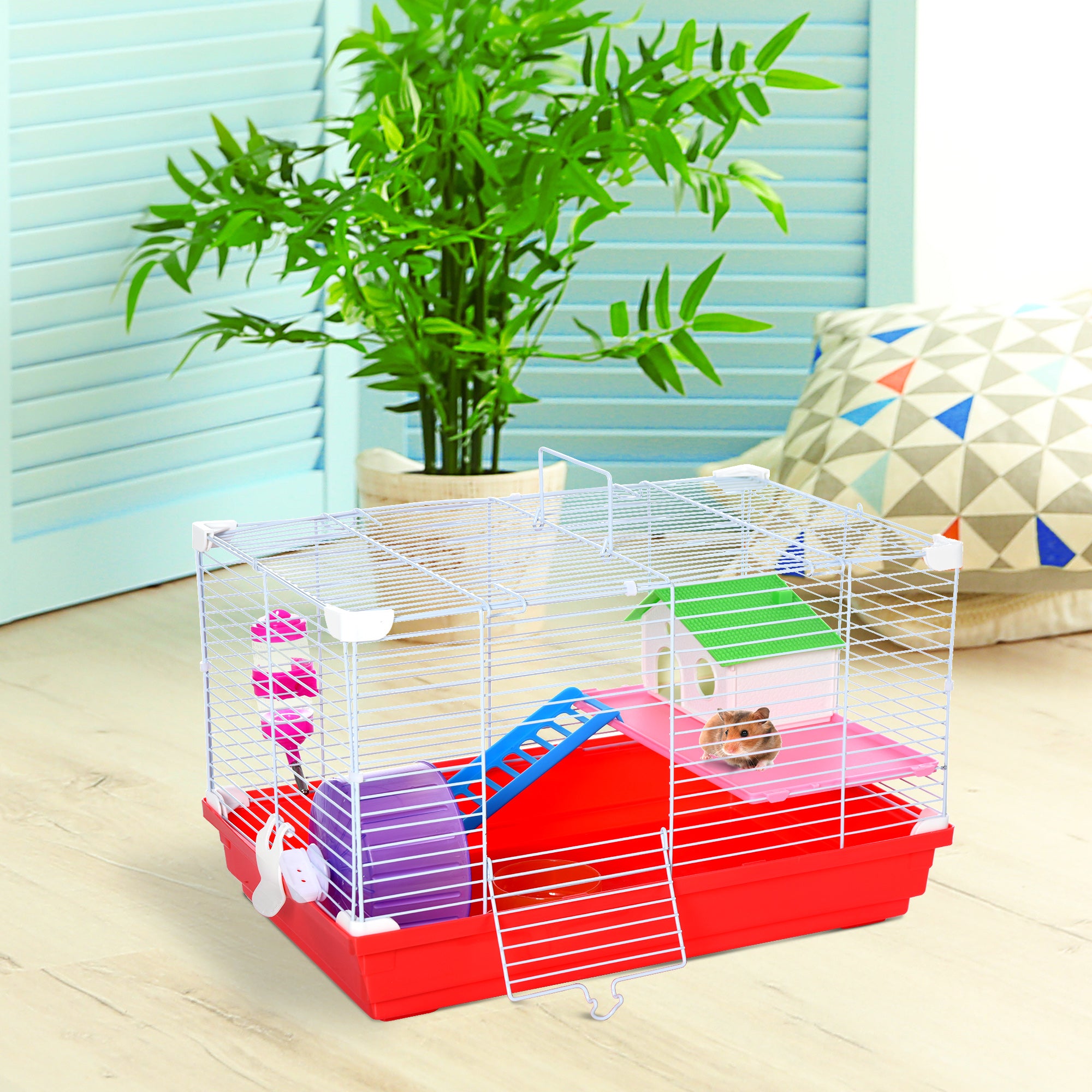 PawHut Portable 2 Storey Hamster Cage Small Pet Animal Cage Double Layers w/ Exercise Wheel Water Bottle Dishes - North Peak Garden Furniture