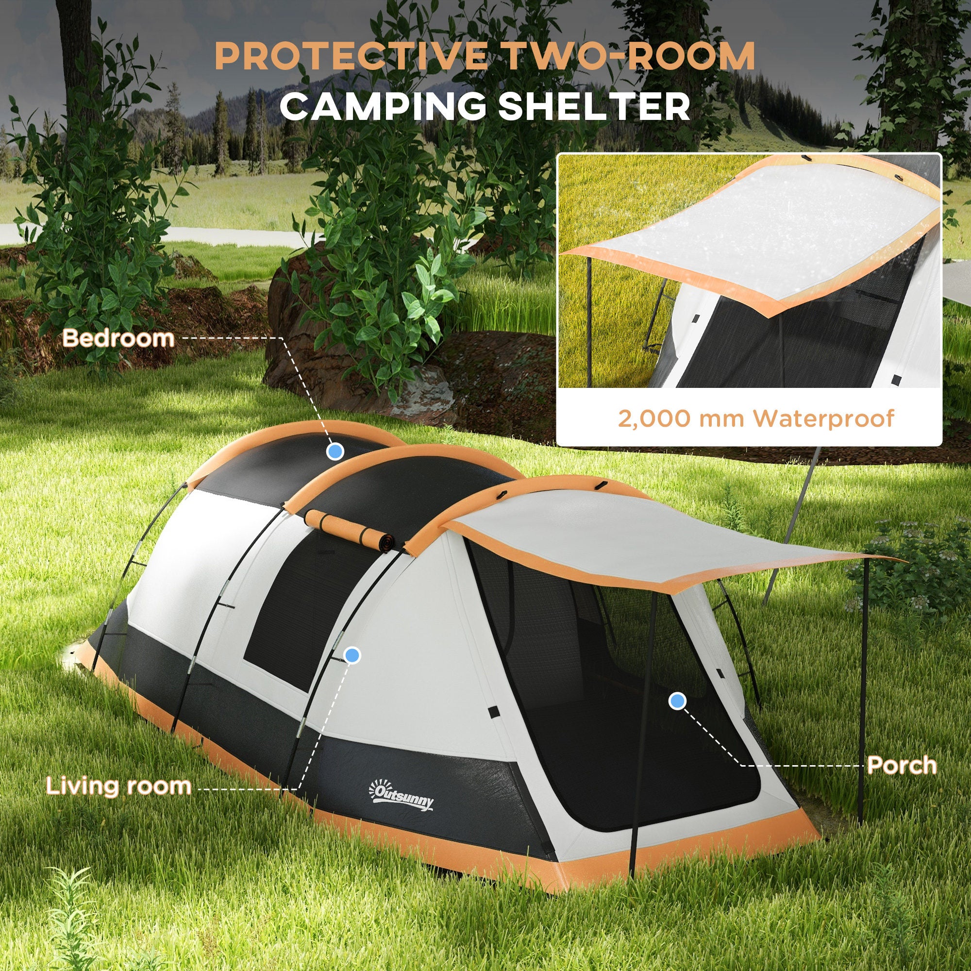 Outsunny Three-Man Camping Tent, with Two Rooms and Porch - Orange - North Peak Garden Furniture