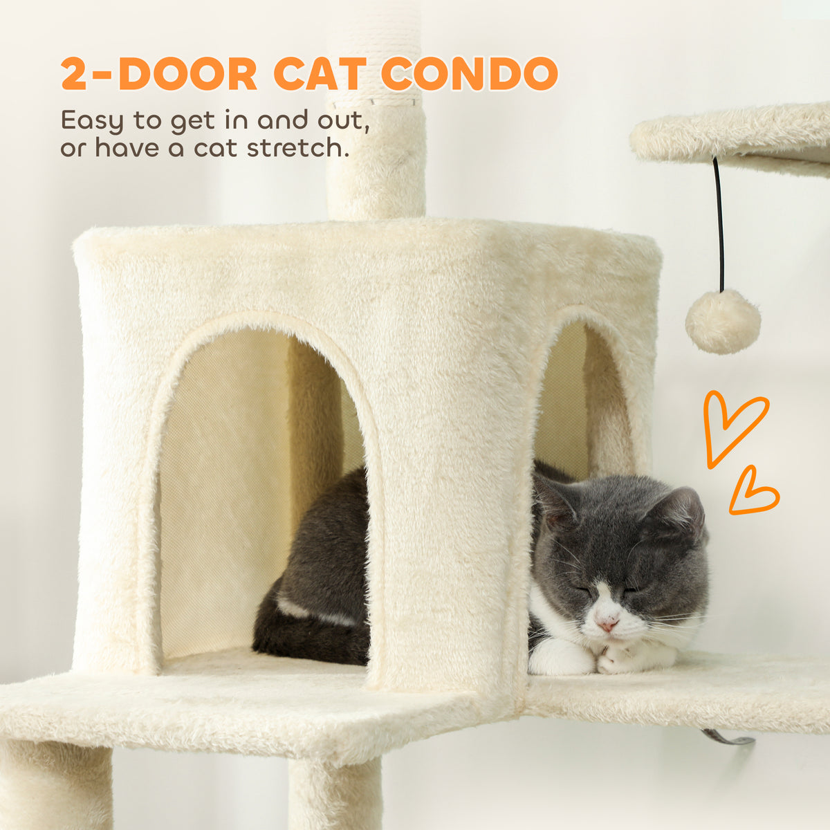 PawHut 202cm Cat Tree with 6 Scratching Posts, 2 Hammocks, 2 Condos, 2 Perches, Pompoms, for Cats to Rest and Play, Beige