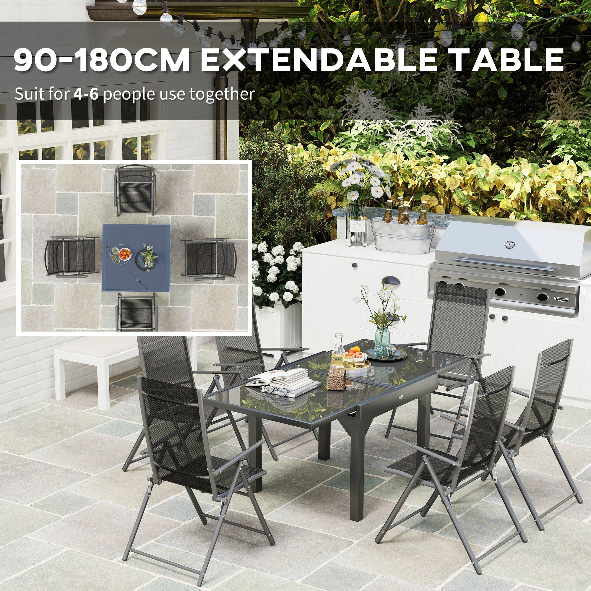 Outsunny 7 Piece Outdoor Dining Set with Extendable Table and 6 Folding Chairs for Patio, Balcony, Deck, Grey - North Peak Garden Furniture