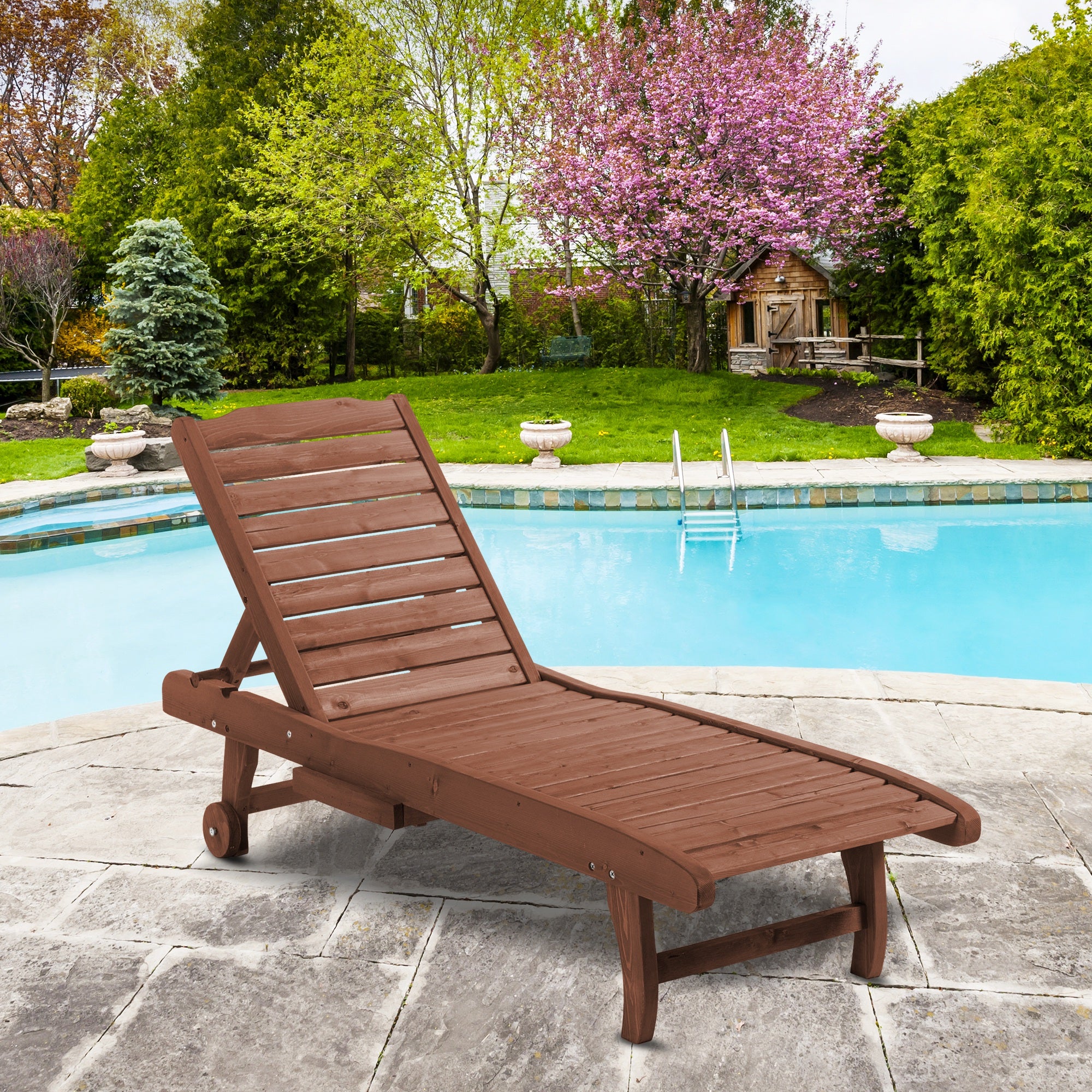 Outsunny Outdoor Wooden Lounger Chair, Sun Bed with Built-In Table, Adjustable Backrest and Wheels, Red Brown - North Peak Garden Furniture