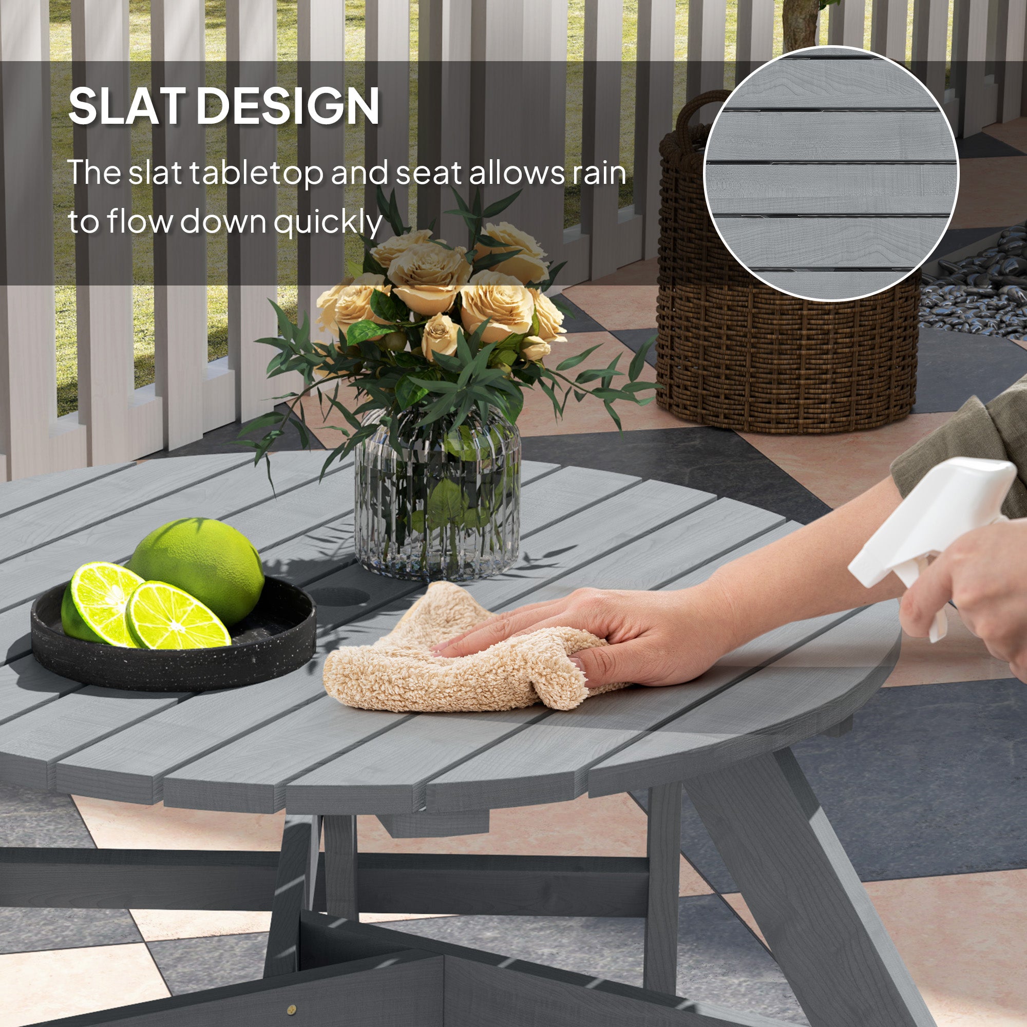 Outsunny 6 Seater Wooden Picnic Table and Garden Benches Set, Round Garden Dining Set with 3 Benches and Umbrella Hole Outdoor Garden Park, Grey