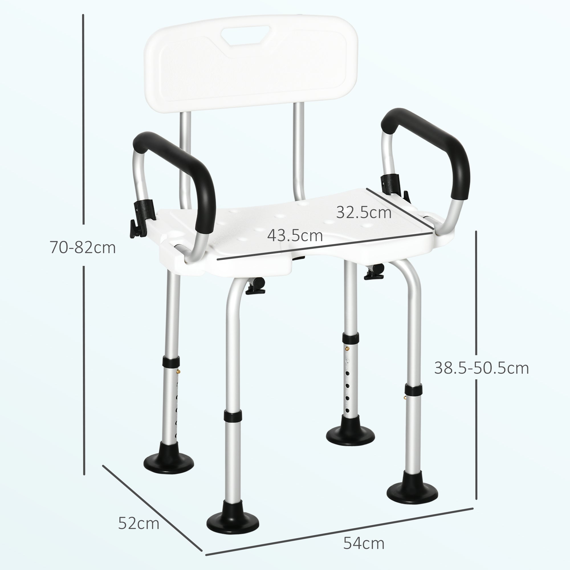 HOMCOM Shower Chair for the Elderly and Disabled, Height Adjustable Shower Stool with Back and Flipped Padded Arms, Suction Foot Pads, White - North Peak Garden Furniture