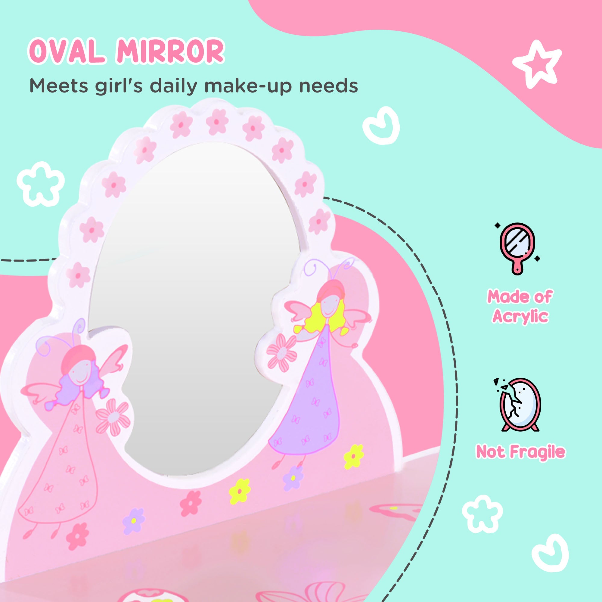 HOMCOM Kids Dressing Table Girls Pink Wooden Kids Dressing Table & Stool Make Up Desk Chair Toys Fairy Dresser Play Set w/Mirror - North Peak Garden Furniture