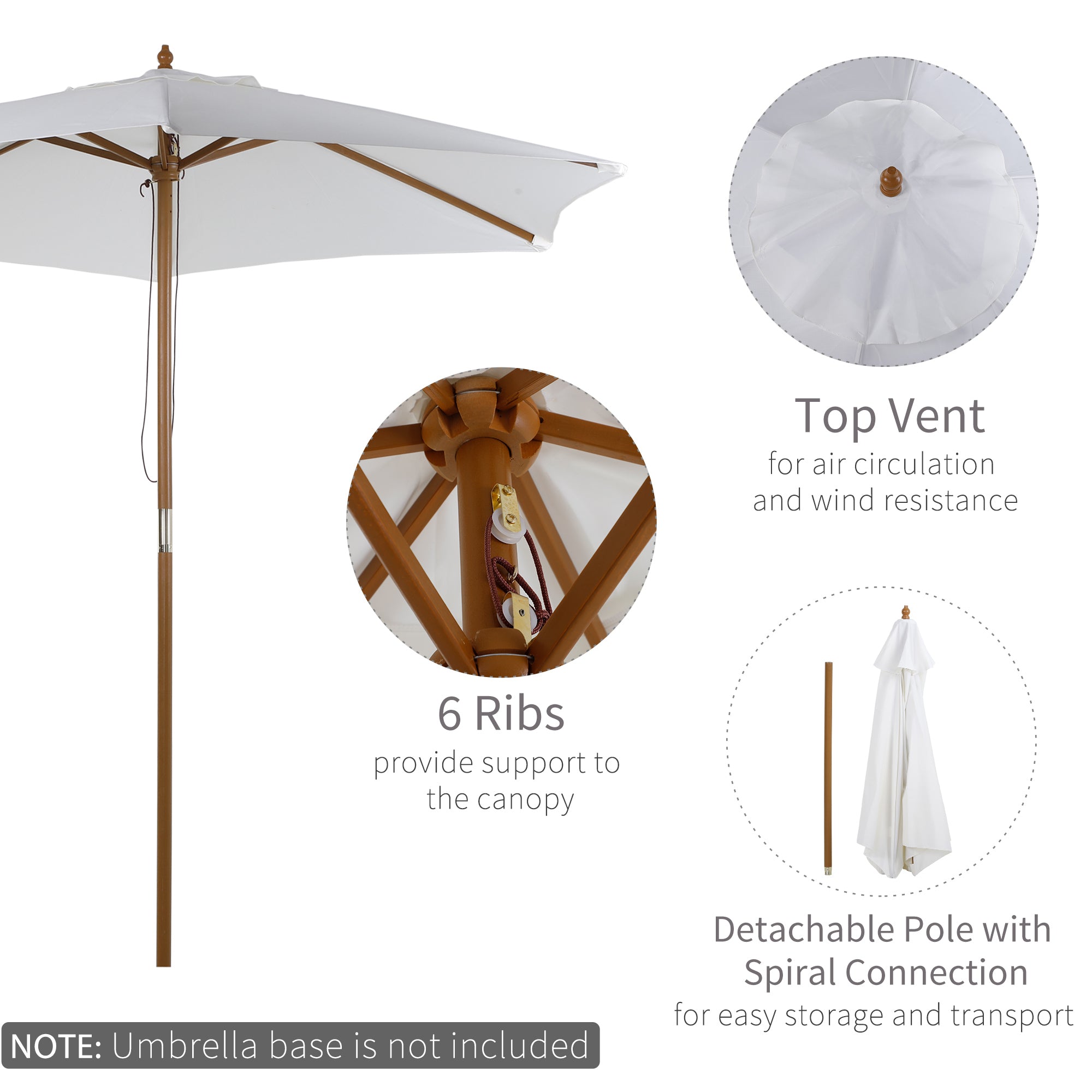 Outsunny Wooden Patio Umbrella: 2.5m Garden Parasol with 6 Ribs, Top Vent for Outdoor Shading, White | Aosom UK