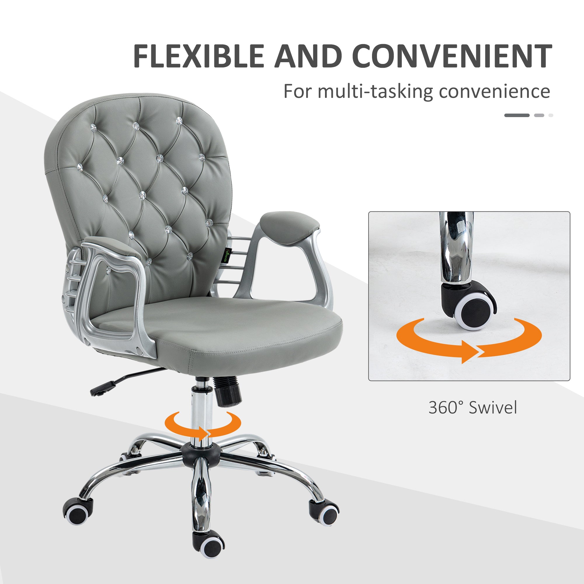 Vinsetto Office Chair Ergonomic 360° Swivel PU Diamante Padded Base 5 Castor Wheels for Home Work Grey - North Peak Garden Furniture