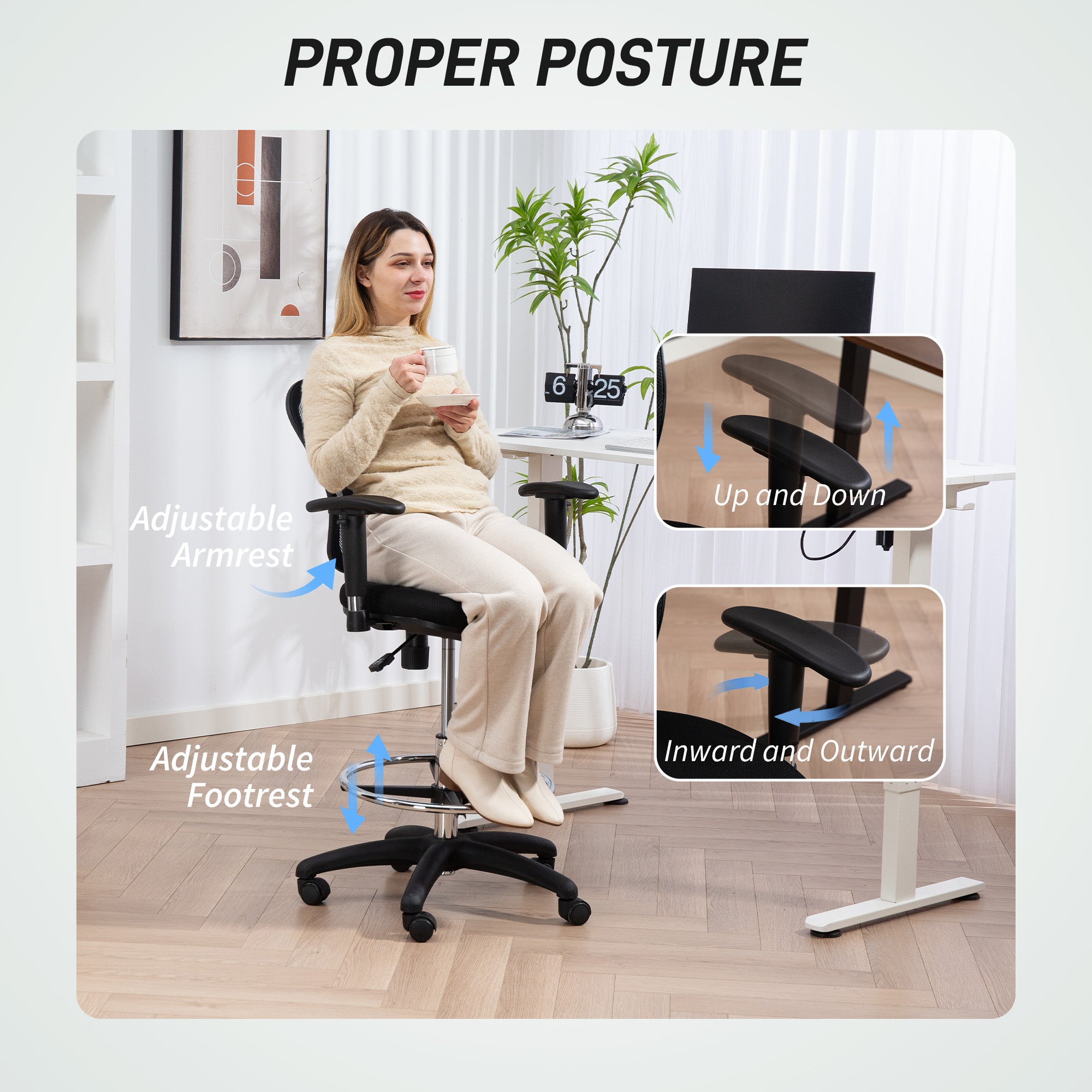 HOMCOM Drafting Chair with Adjustable Armrests, Ergonomic Mesh Office Chair with Lumbar Support, Adjustable Height and Footrest for Standing Desk, Black - North Peak Garden Furniture
