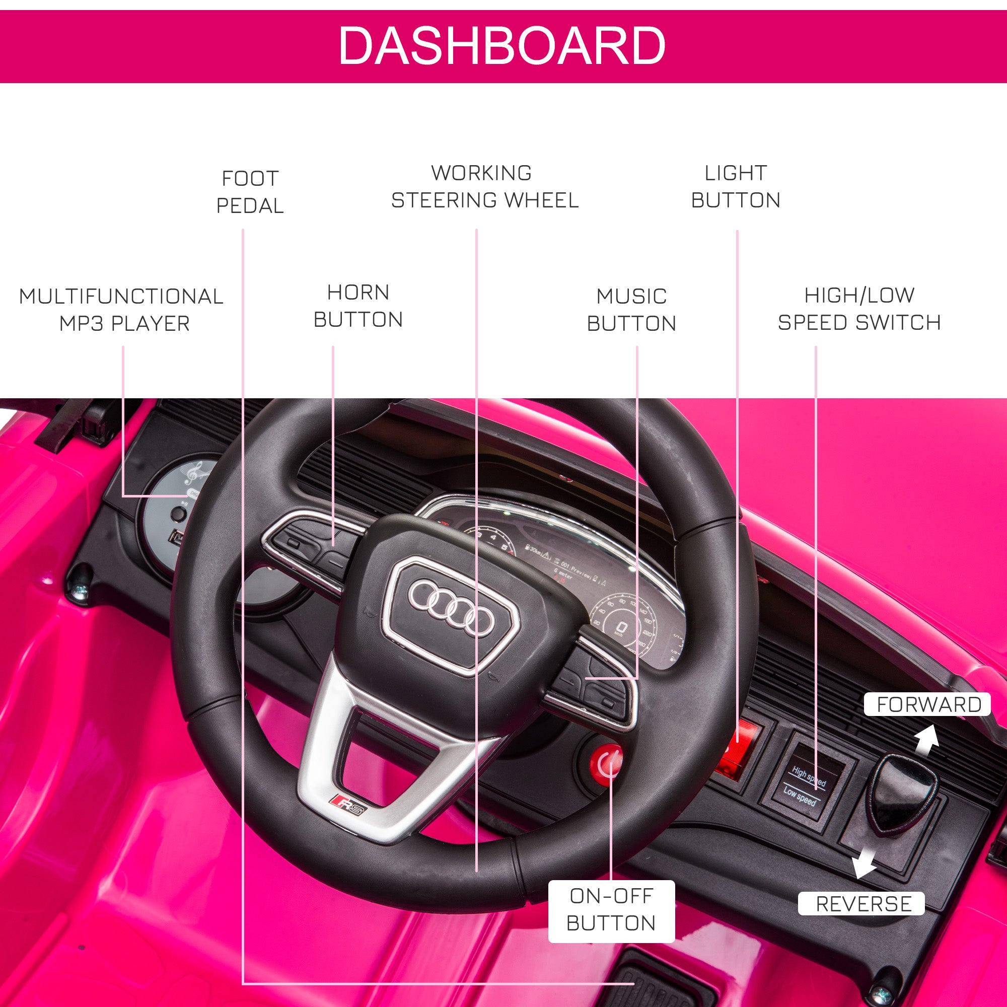 HOMCOM Audi RS Q8 6V Kids Electric Ride On Car Toy w/ Remote USB MP3 Bluetooth Pink - North Peak Garden Furniture
