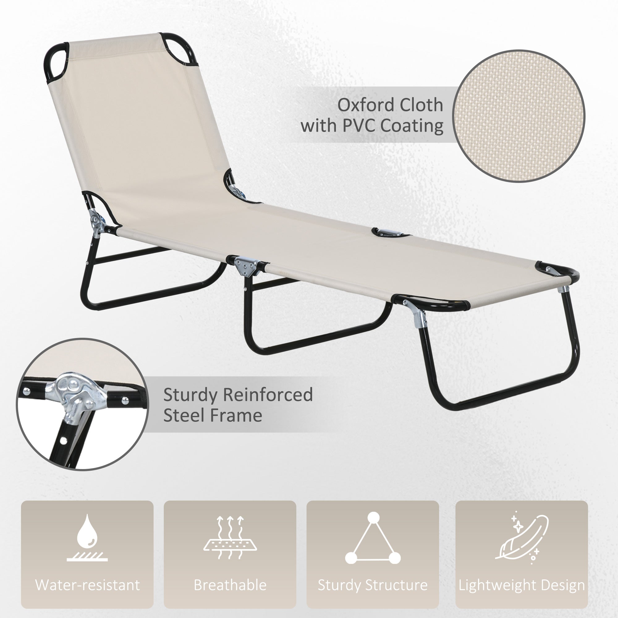 Outsunny Garden Sun Lounger, with Five-Position Back - Cream White - North Peak Garden Furniture
