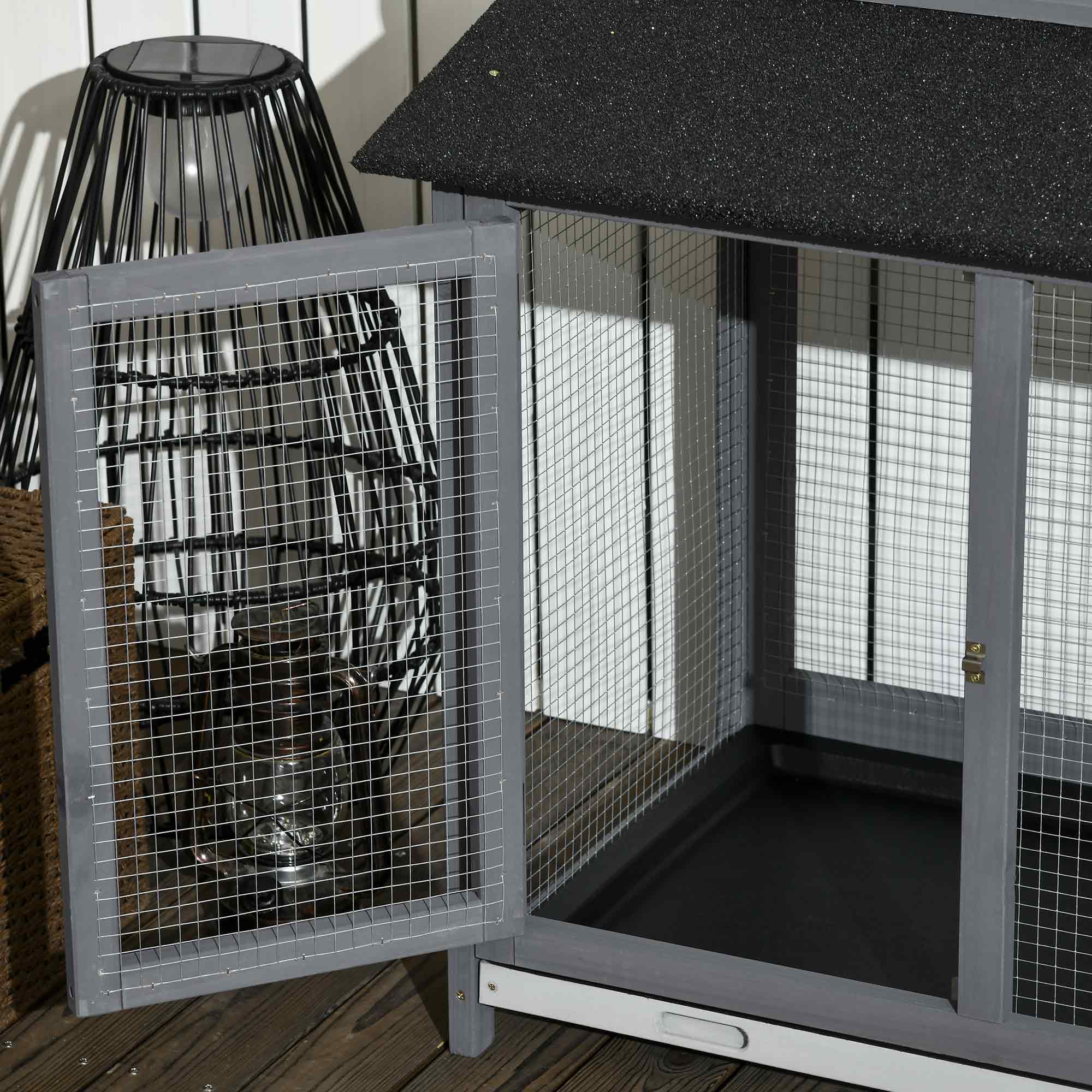 PawHut 2-Tier Large Rabbit Hutch Outdoor with Double Side Run Boxes, No-leak Plastic Tray, Ramp, 230 x 53 x 93.5cm, Light Grey - North Peak Garden Furniture