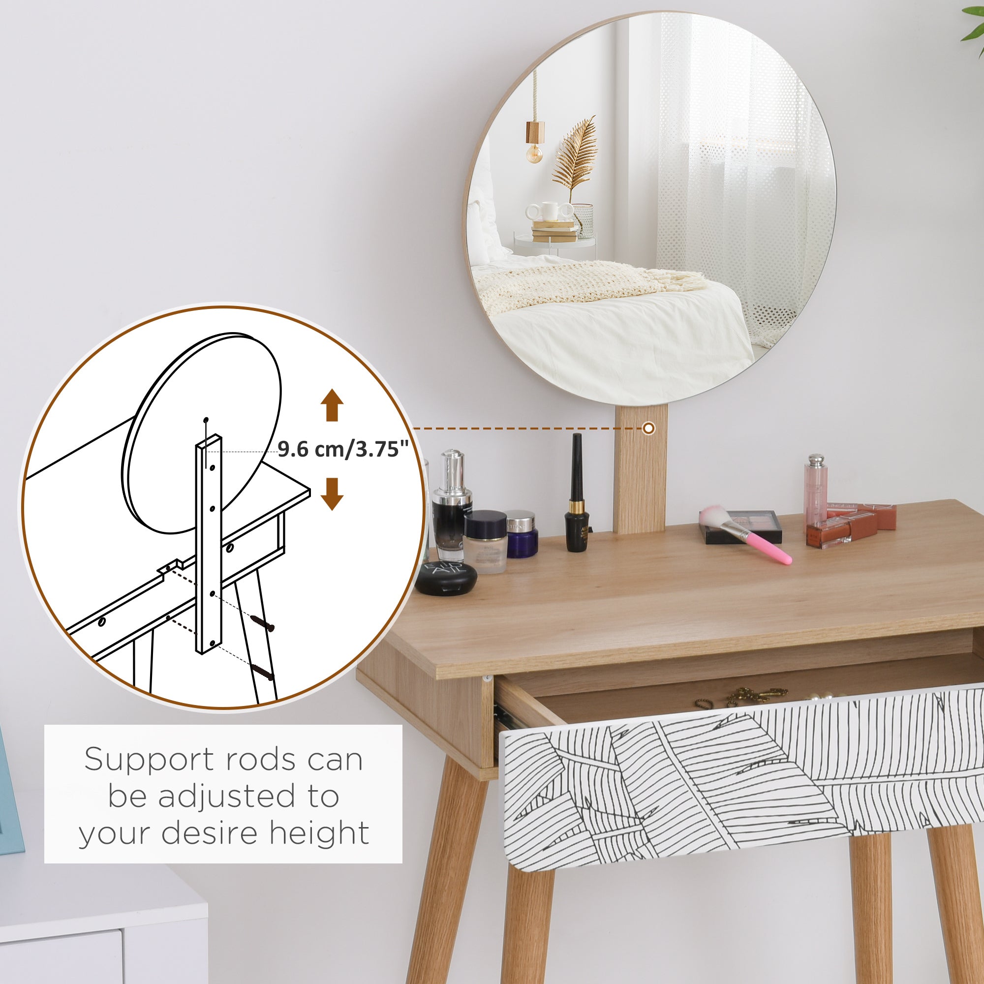 HOMCOM Dressing Table with Drawer and Mirror height adjustable Wooden Oak Color Bedroom Dressing Room Elegant and Durable - North Peak Garden Furniture