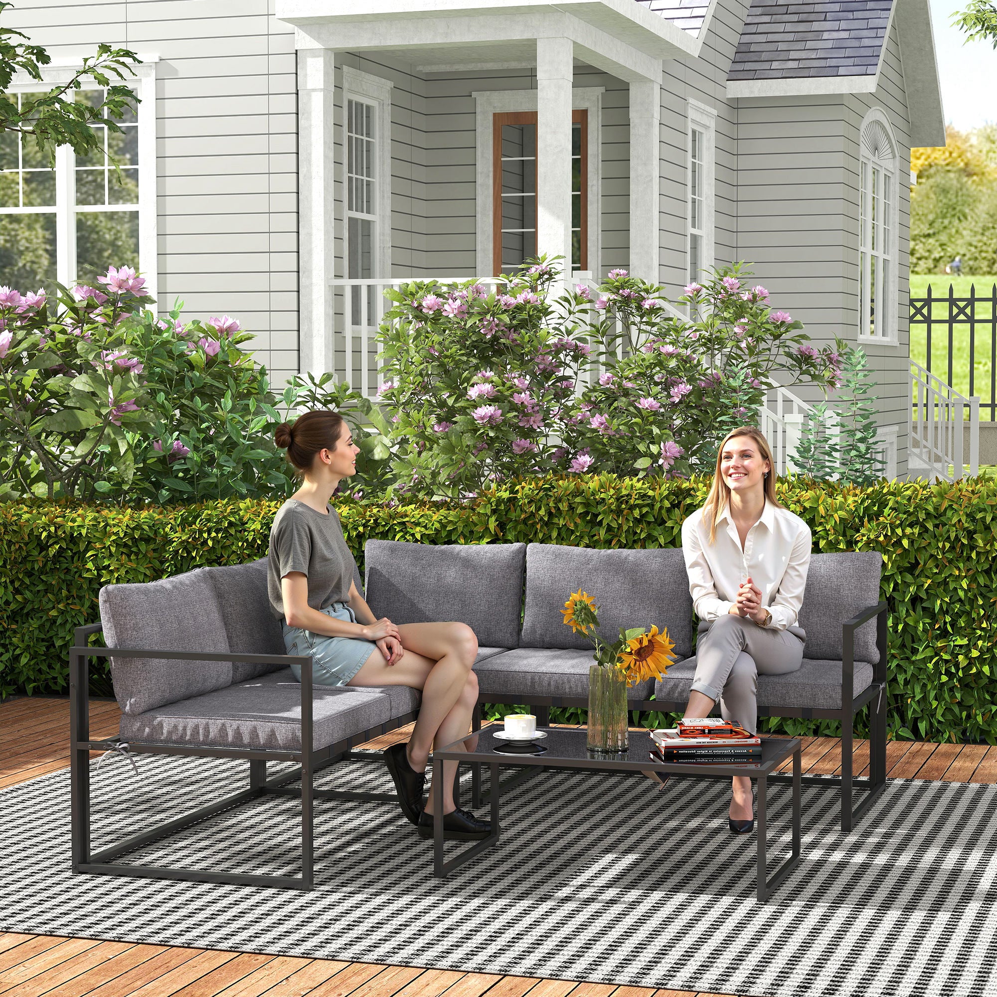 Outsunny Three-Piece L Shaped Garden Furniture Set with Cushions - Grey - North Peak Garden Furniture