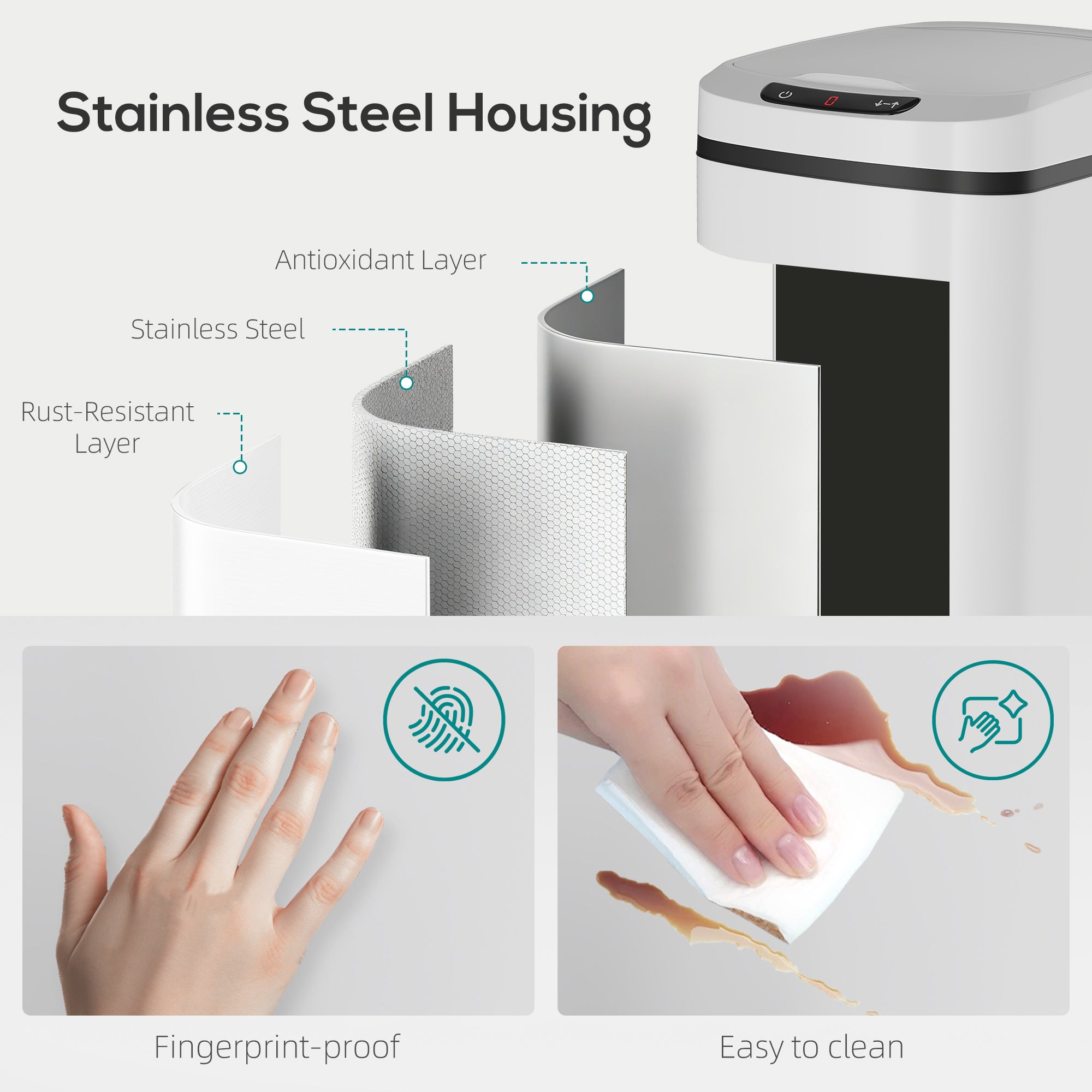 HOMCOM 12L Sensor Bin, Automatic Touchless Motion Sensor Kitchen Bin with Fingerprint Resistant Stainless Steel, White