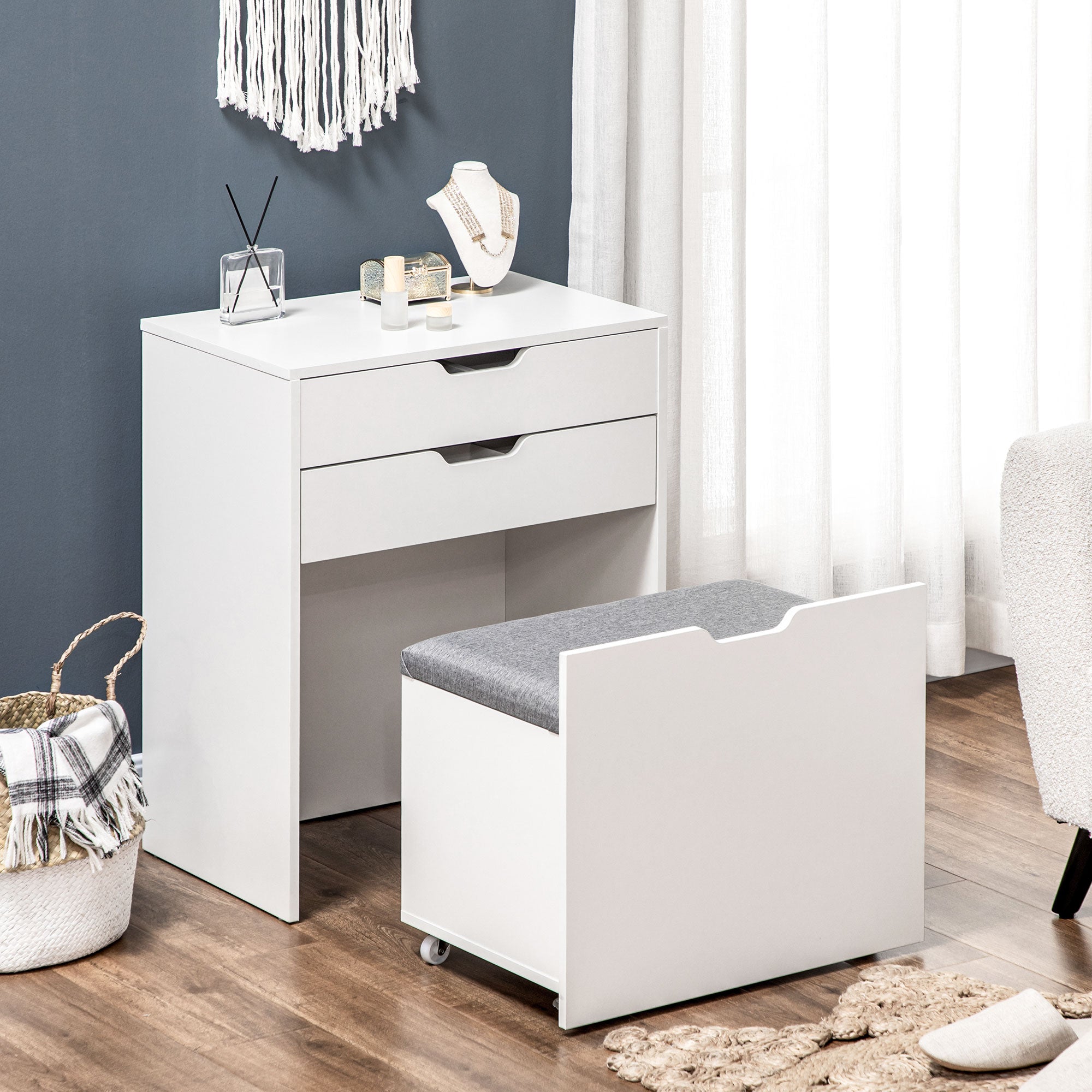 HOMCOM Dressing Table with Flip-up Mirror and Storage Stool, Vanity Table with Drawer and Hidden Compartments for Bedroom, Living Room, White - North Peak Garden Furniture