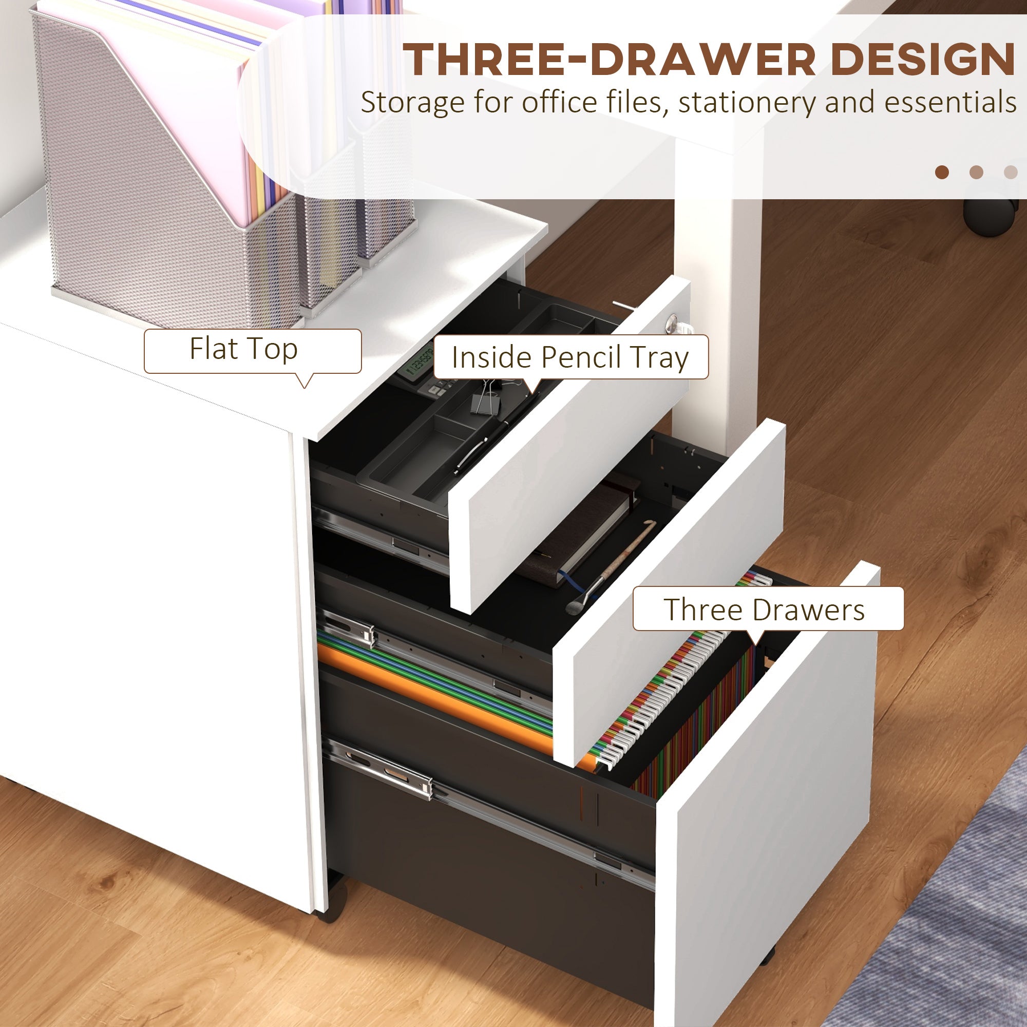 Vinsetto 3-Drawer Vertical Filing Cabinet with Pencil Tray, Lock and 5 Wheels, Steel Mobile File Cabinet, for A4, Legal and Letter Size, Pre-Assembled Body, White - North Peak Garden Furniture