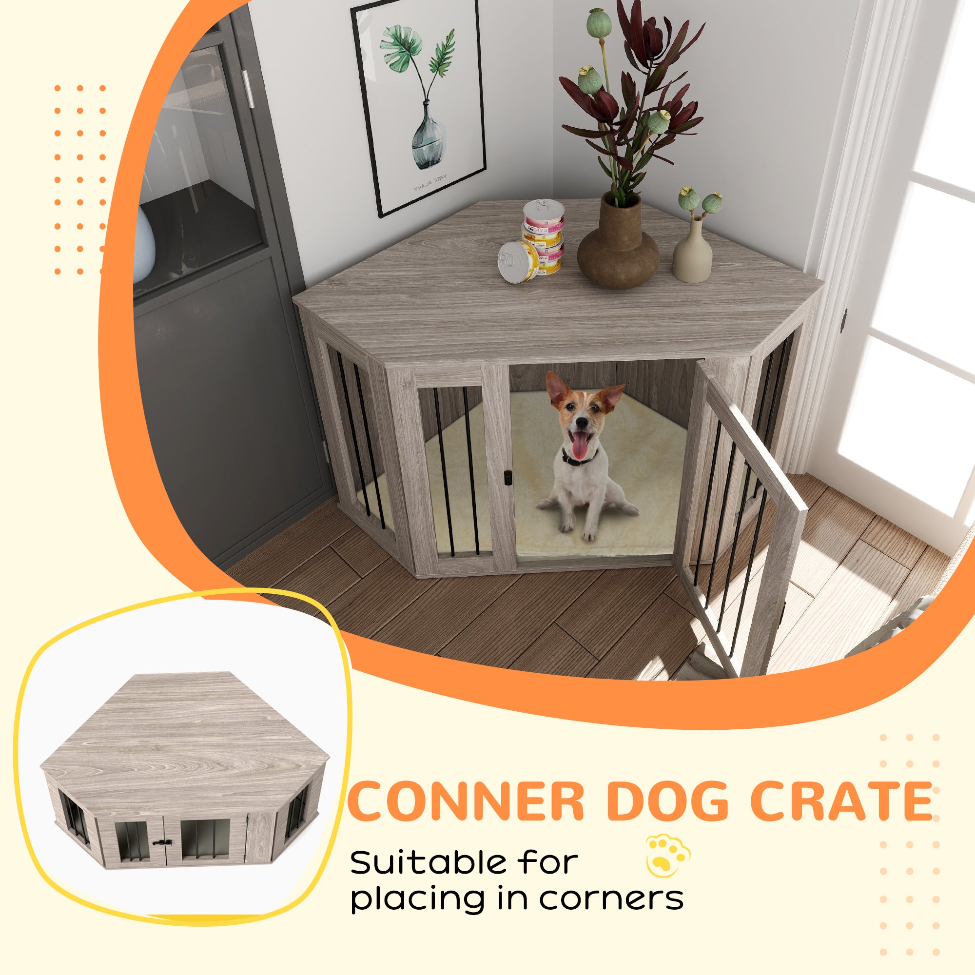 PawHut 2 in 1 Dog Crate Furniture Side Table, with Cushion, 122 x 61 x 71cm - Walnut Brown - North Peak Garden Furniture