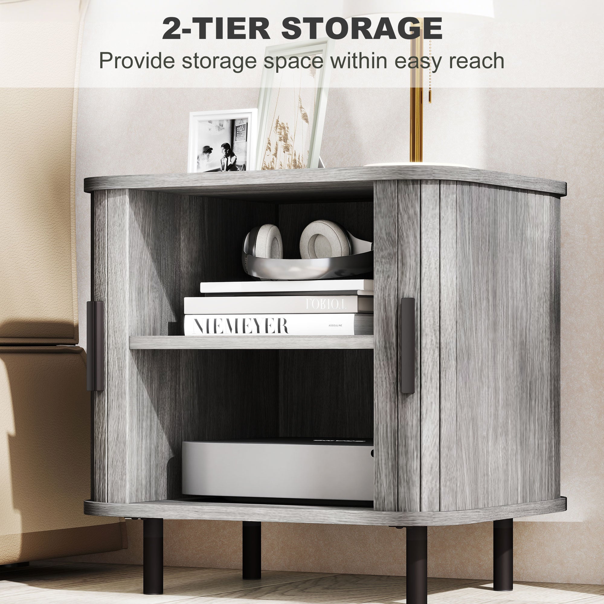 HOMCOM Bedside Table, Nordic Side Table with Roller Shutter Style Sliding Doors and Metal Legs for Bedroom, Living Room, Grey
