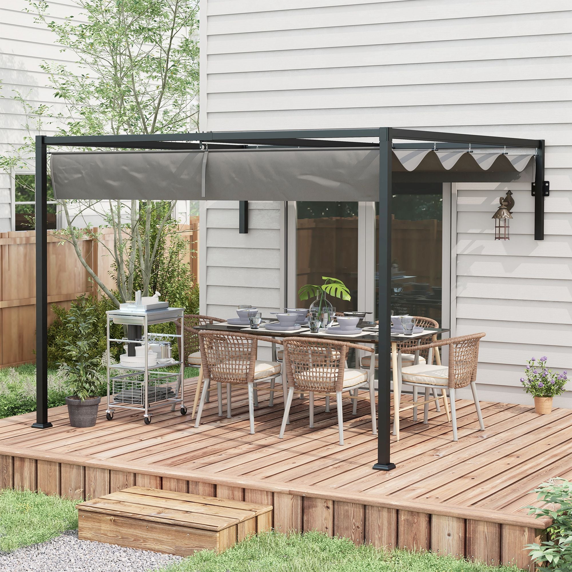 Outsunny 2 x 3(m) Lean To Pergola, Metal Pergola with Retractable Roof for Grill, Garden, Patio, Deck