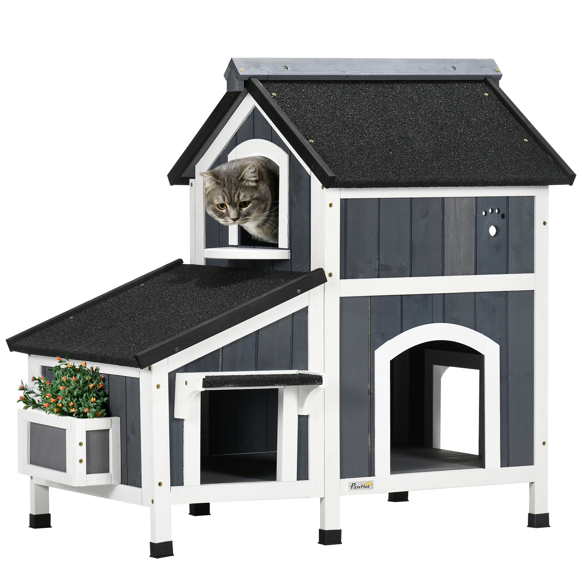 PawHut Wooden Outdoor Cat House with Flower Pot, Windows, Multiple Entrances, Water-Resistant Roof - Grey