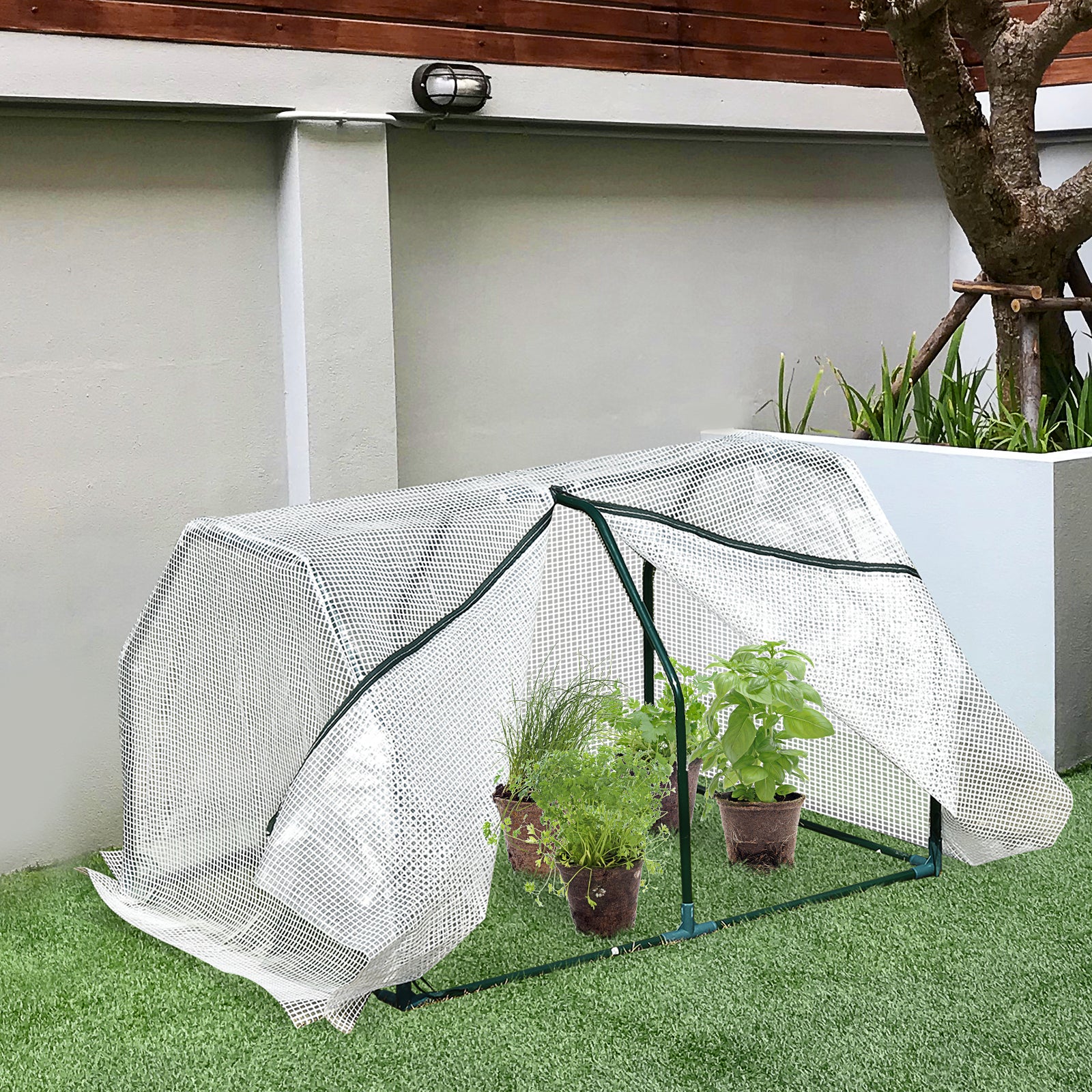 Outsunny Portable Greenhouse Oasis: Mini Metal Frame with PVC Cover, Zippered Access, 99x71x60cm, White