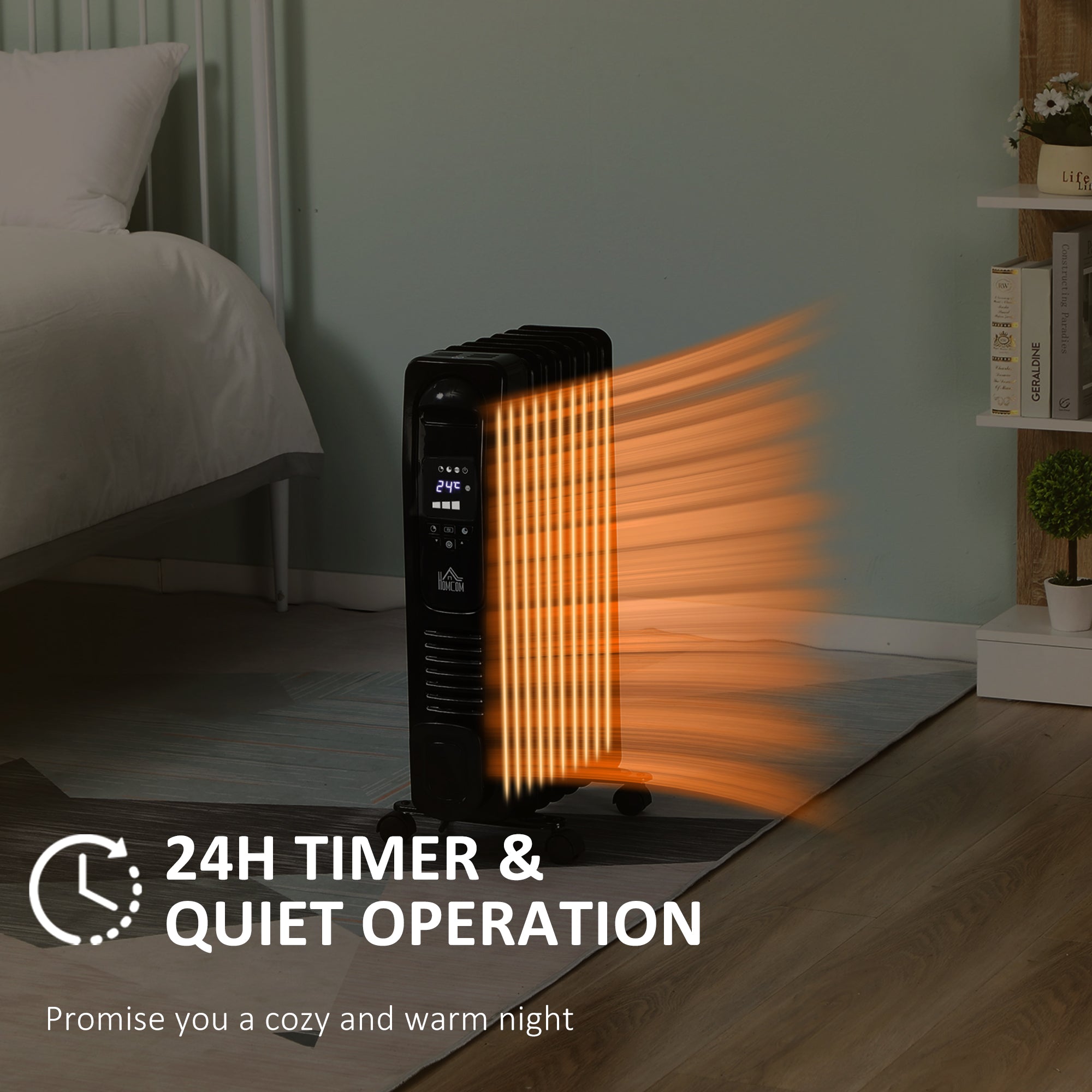 HOMCOM 1500W Digital Oil Filled Radiator, 7 Fin, Portable Electric Heater with LED Display, Built-in Timer, 3 Heat Settings, Safety Cut-Off and Remote Control, Black - North Peak Garden Furniture