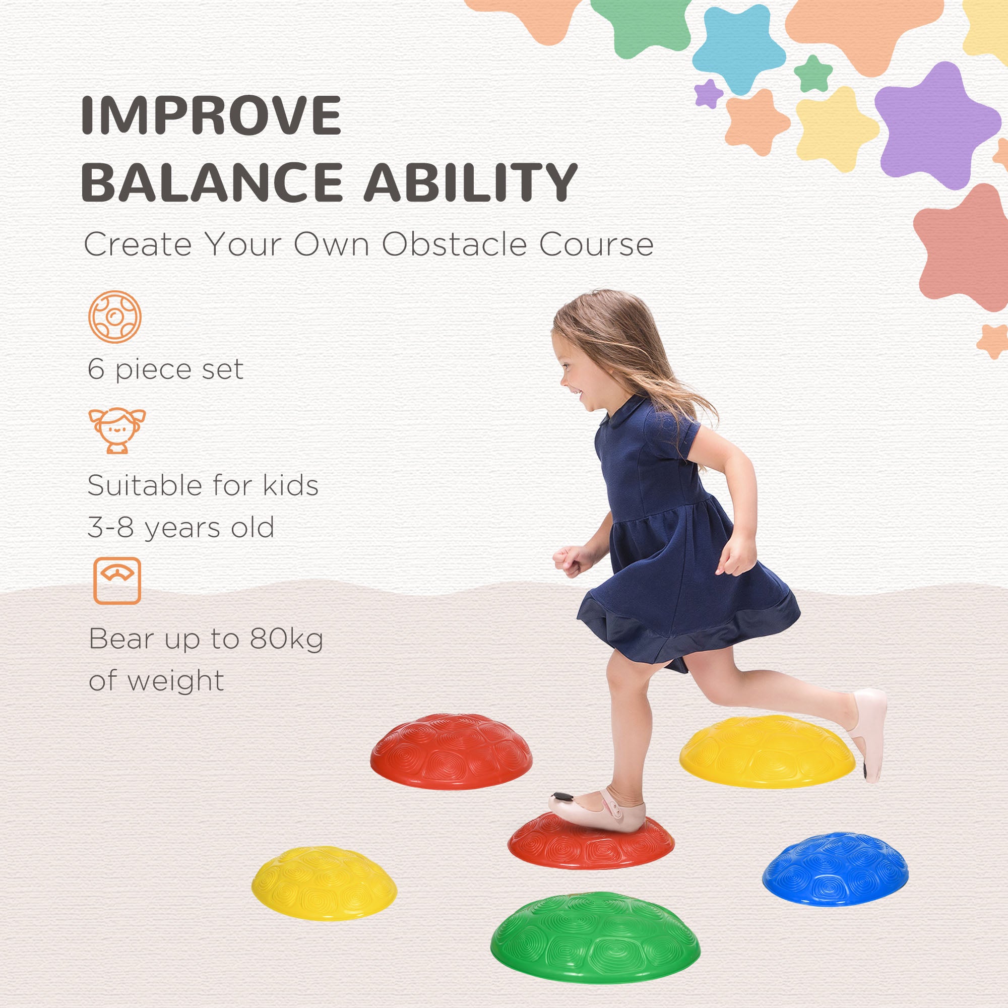 ZONEKIZ Six-Piece Kids Stepping Stones, with Non-Slip Mats, Balance River Stones