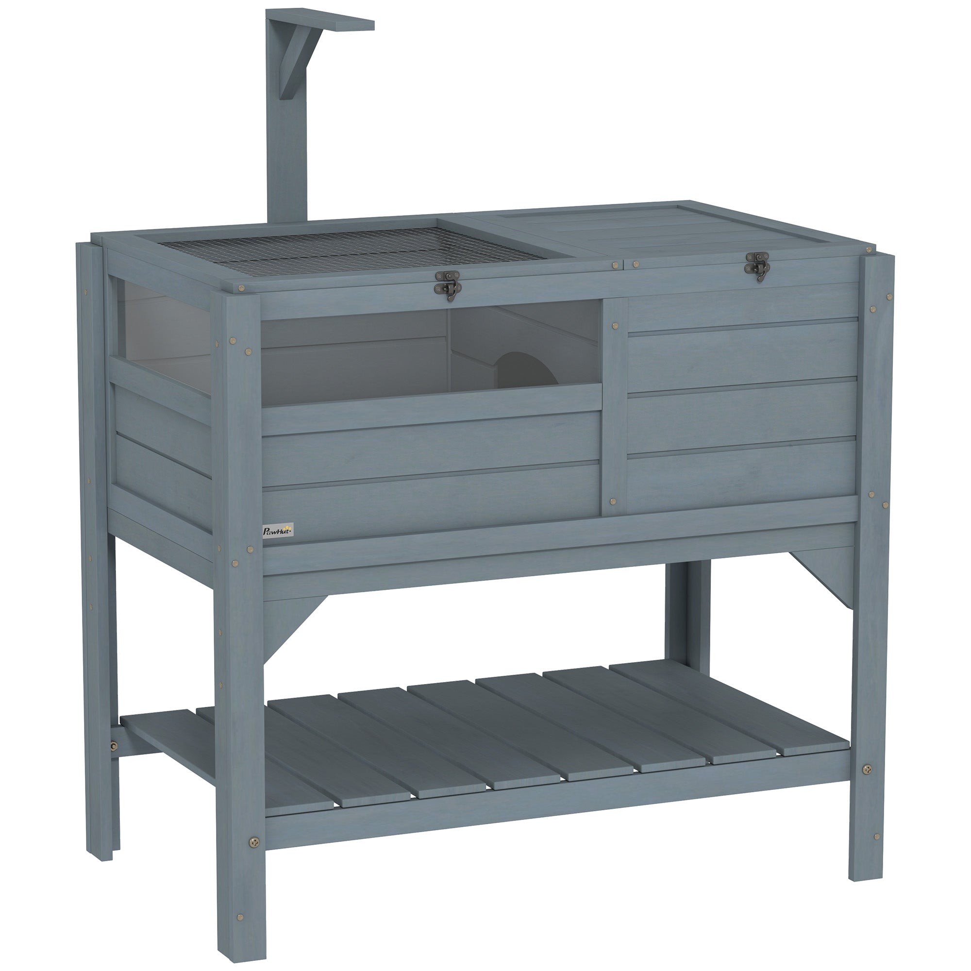 PawHut Wooden Tortoise House, with Shelter, Run, Shelf, Lamp Holder, Tray, Grey - North Peak Garden Furniture