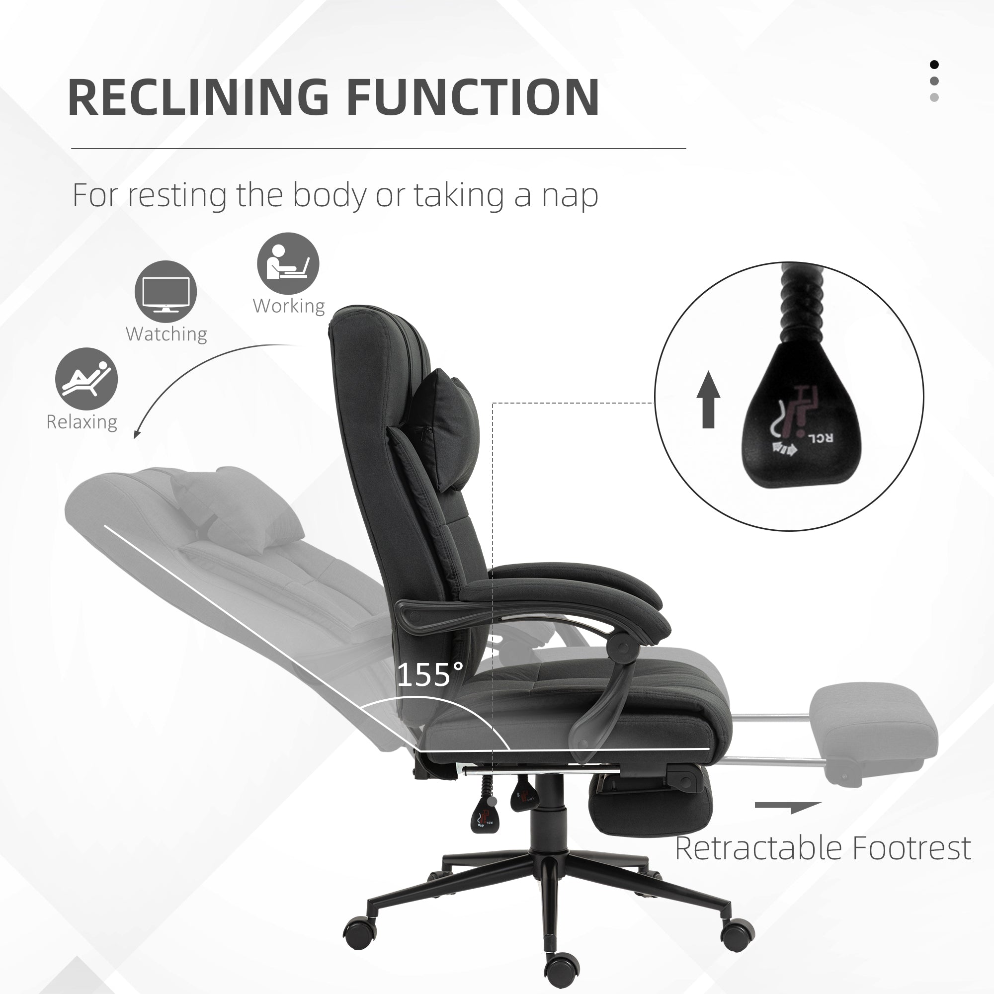 Vinsetto Office Desk Chair with Footrest, Headrest Pillow, Home Office Chair with Reclining Backrest, Swivel Wheels, Black - North Peak Garden Furniture