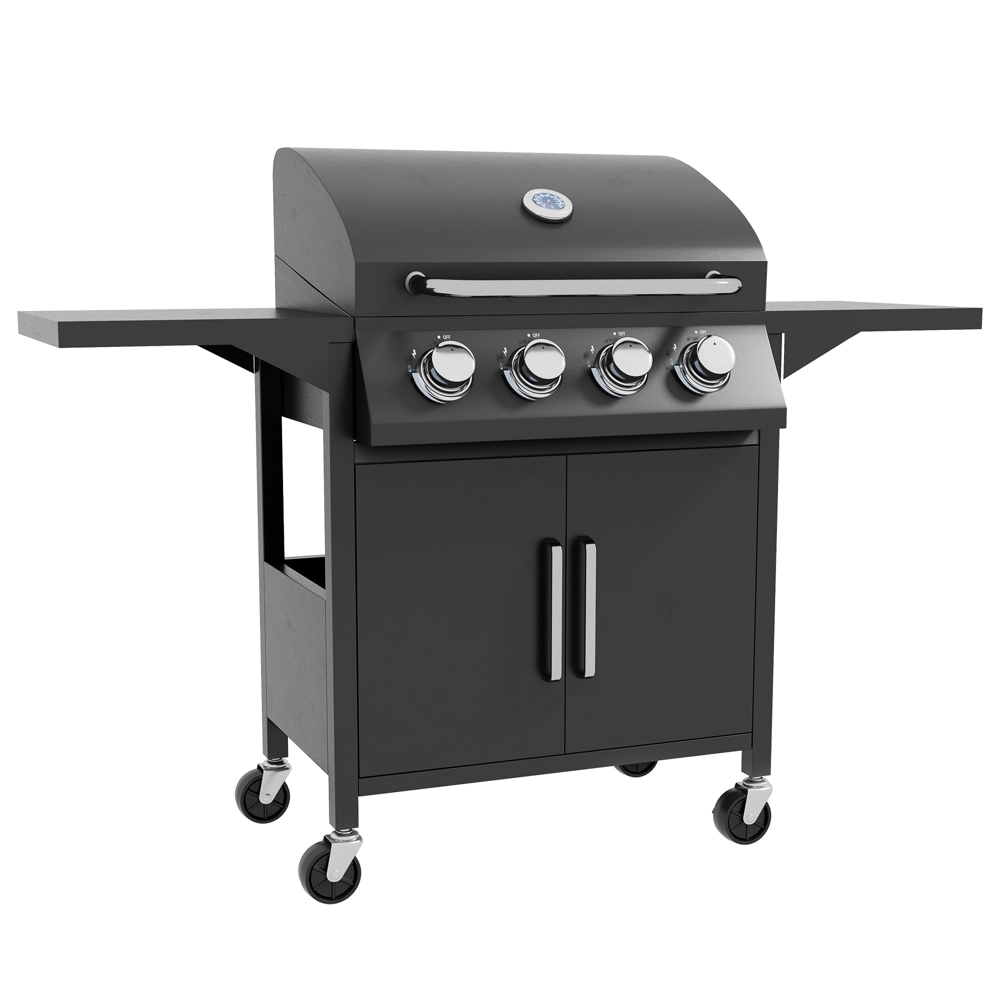 Outsunny 4 Burner Gas BBQ Grill Outdoor Portable Barbecue Trolley w/ Warming Rack, Side Shelves, Storage Cabinet, Thermometer - North Peak Garden Furniture