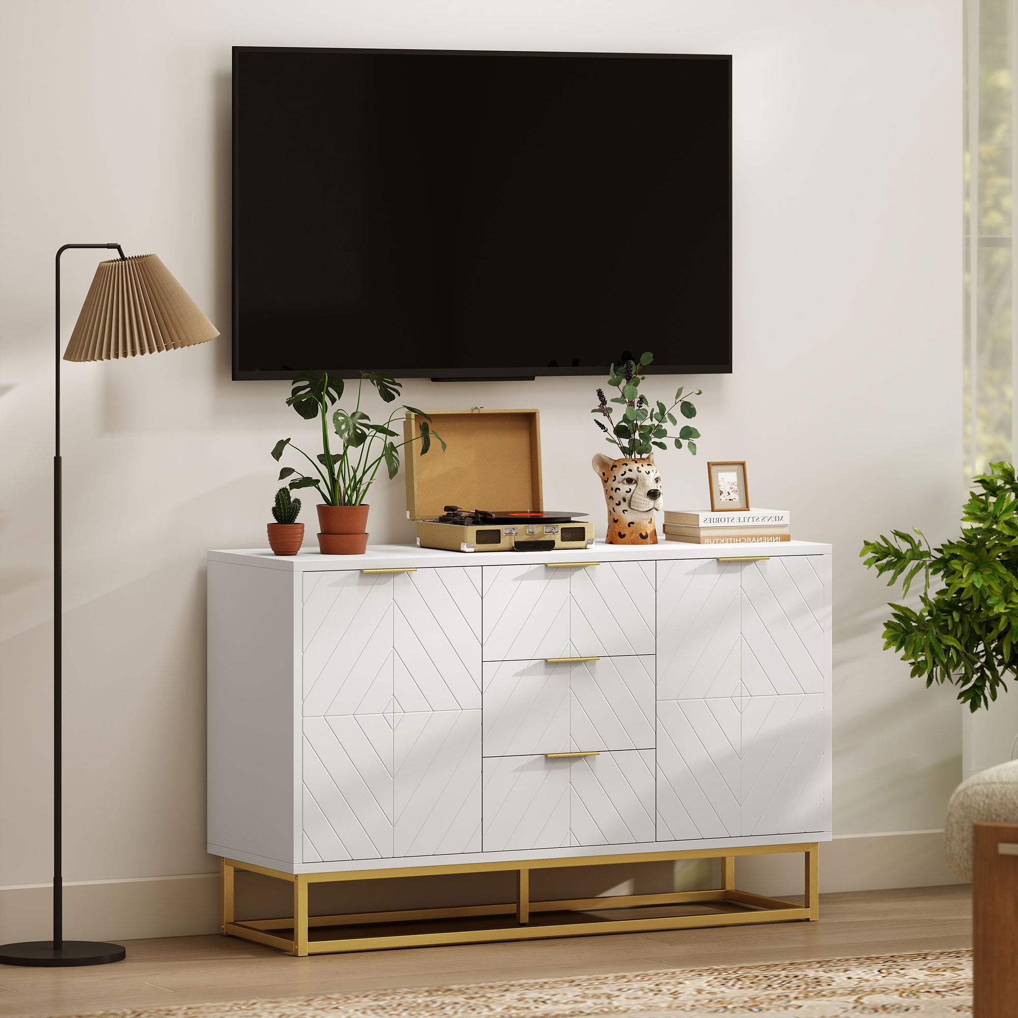 HOMCOM Modern Storage Cabinet Freestanding Cupboard with 3 Drawers for Dining Room, Living Room