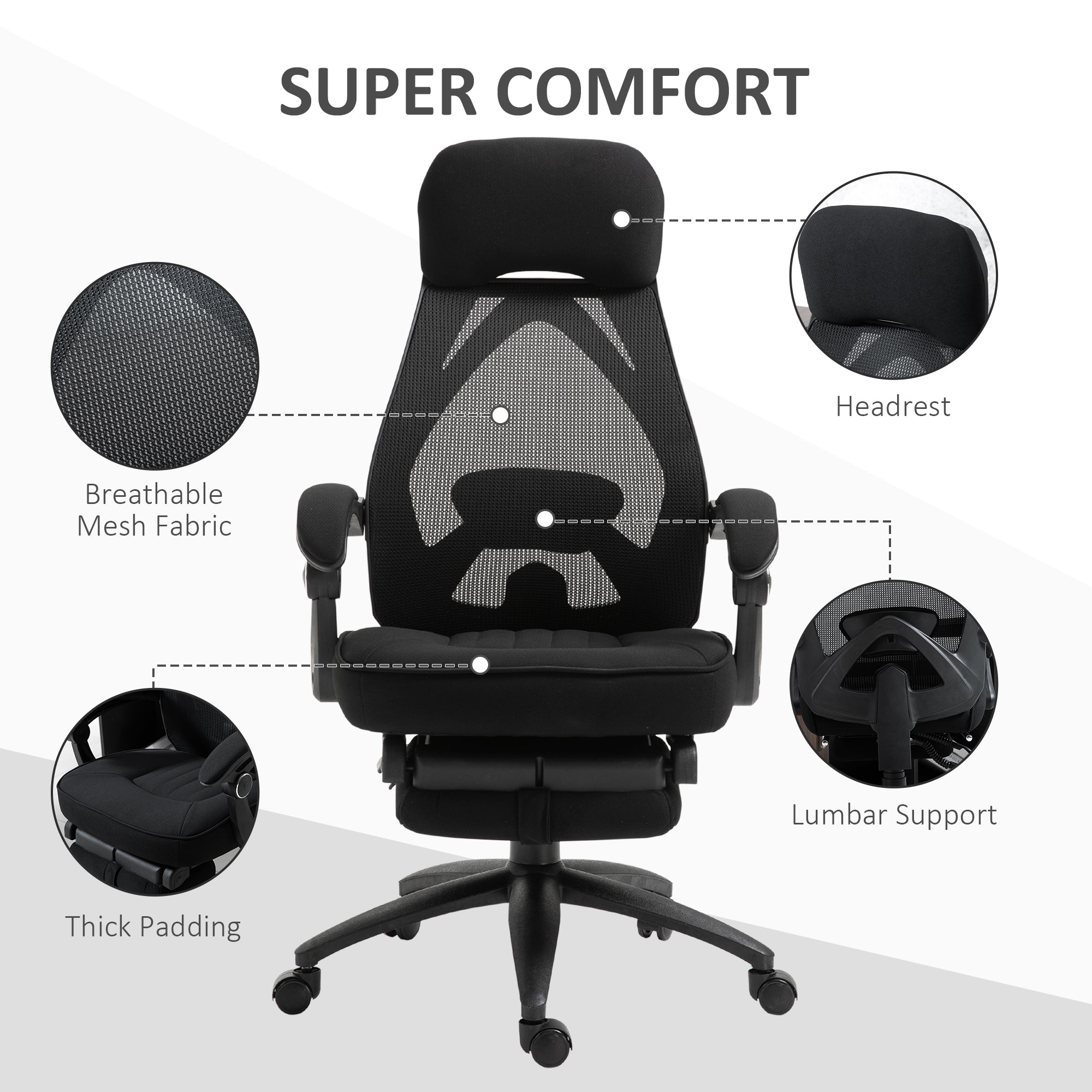 Vinsetto Office Chair with Footrest,High Back Swivel Desk Chair with Adjustable Height and Headrest for Home Office, Black - North Peak Garden Furniture