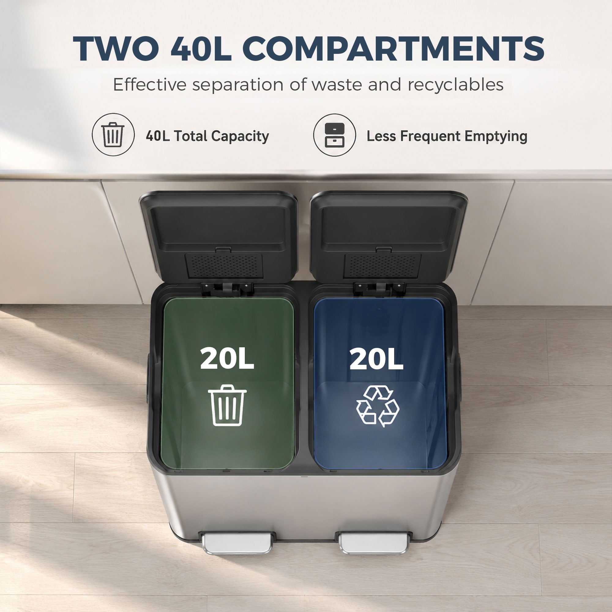 HOMCOM 2 x 20L Double Kitchen Bin, Stainless Steel Pedal Rubbish Bin with Dual Compartments, Soft Close Lids, Silver Tone