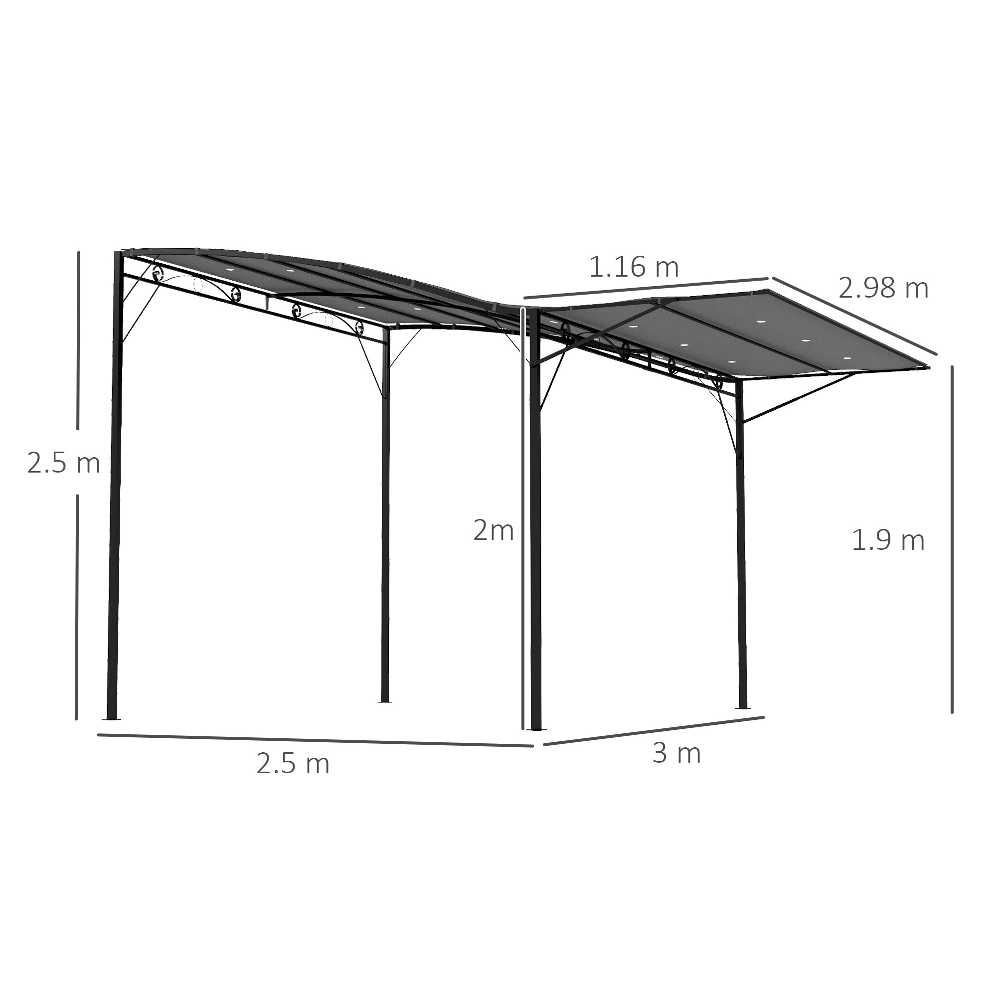 Outsunny 3 x 2.5m Patio Metal Gazebo Door Window Awning Wall Mount Metal Outdoor Shelter Charcoal Grey - North Peak Garden Furniture