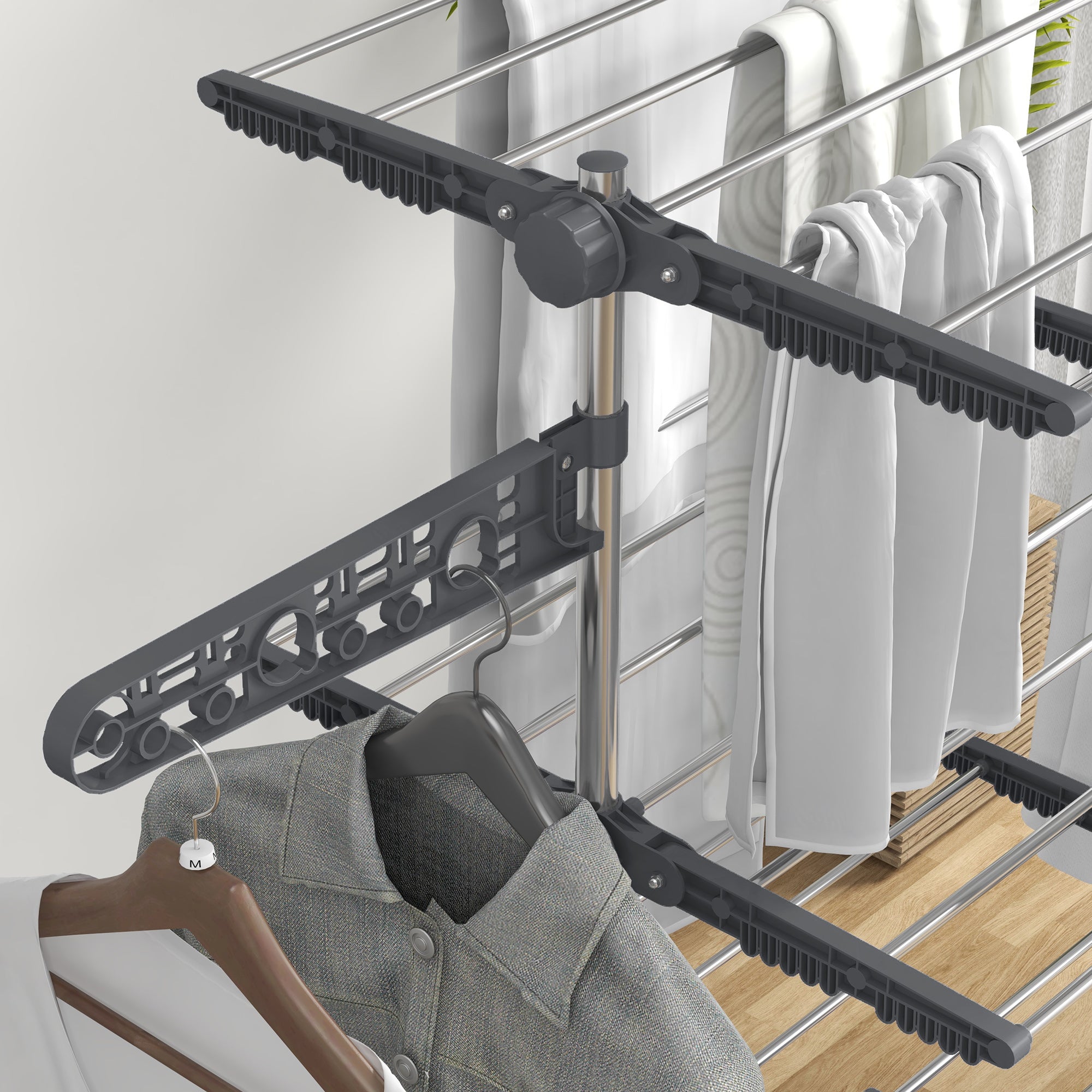 HOMCOM Four-Shelf Collapsing Clothes Horse, With Side Arms and Wheels - Grey - North Peak Garden Furniture