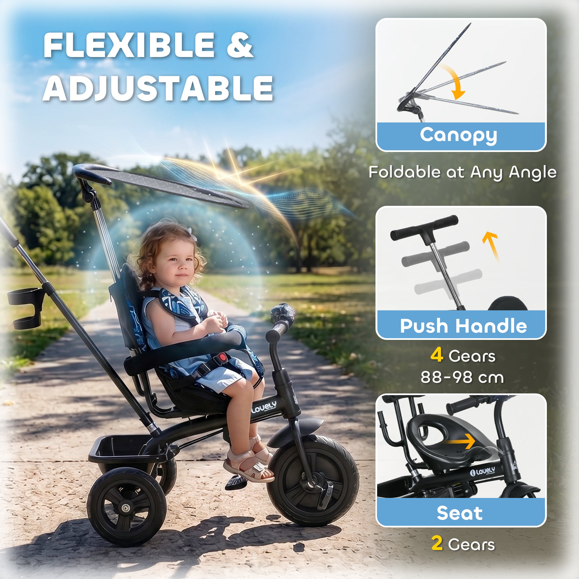 HOMCOM 6 in 1 Tricycle for Kids with 5-point harness straps, Removable Canopy, Dark Blue