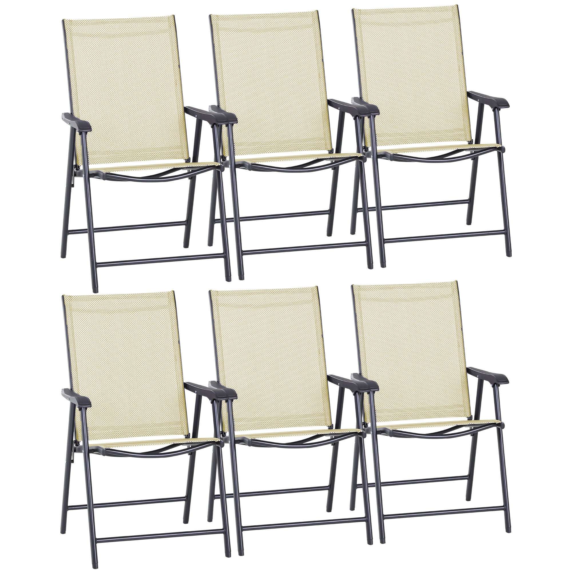 Outsunny Set of 6 Folding Garden Chairs, Metal Frame Garden Chairs Outdoor Patio Park Dining Seat with Breathable Mesh Seat, Beige - North Peak Garden Furniture