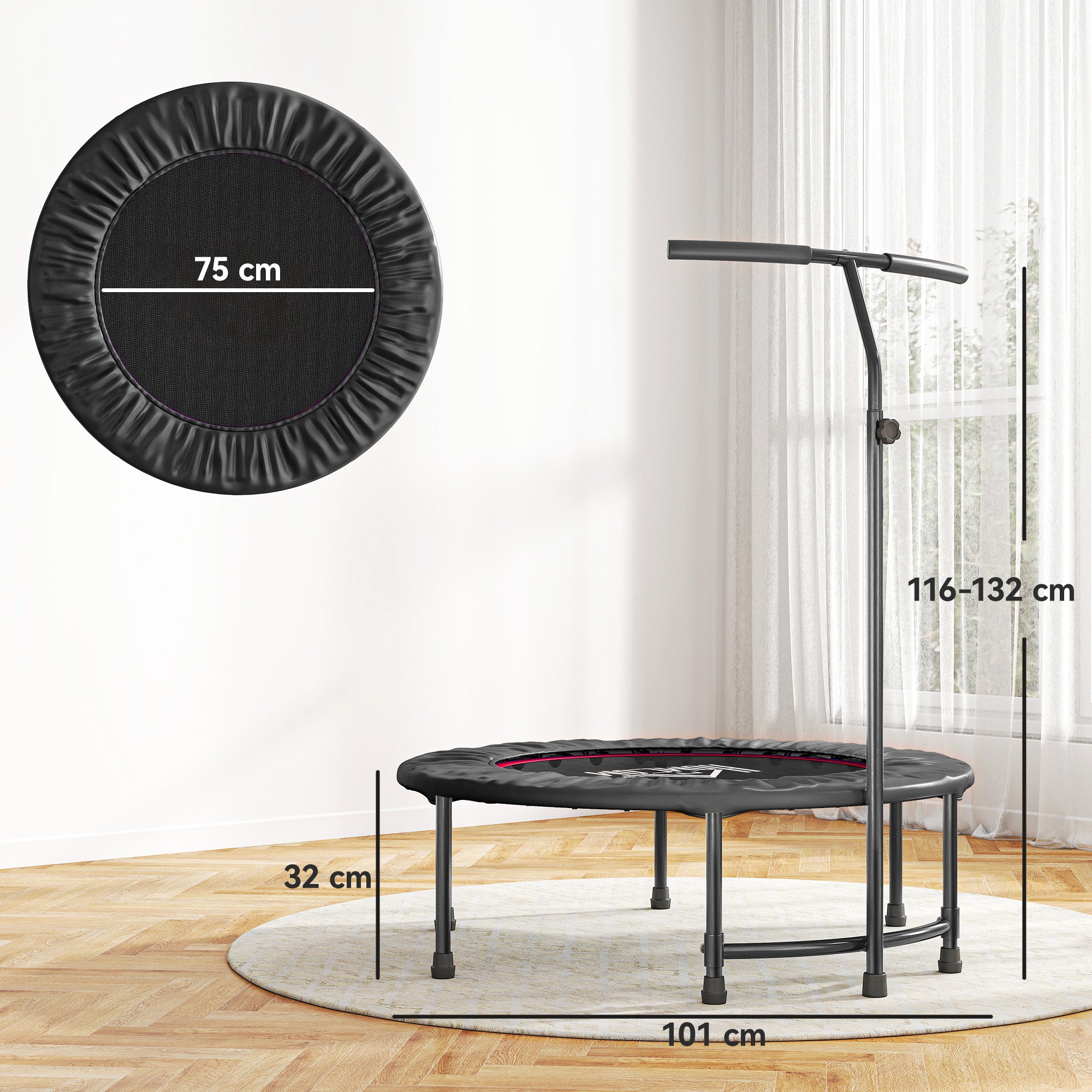 HOMCOM 40'' Fitness Trampoline with Adjustable Handle, Rebounder Trampoline Mini Jumper for Indoor Exercise Workout, Support Up to 100kg, Black